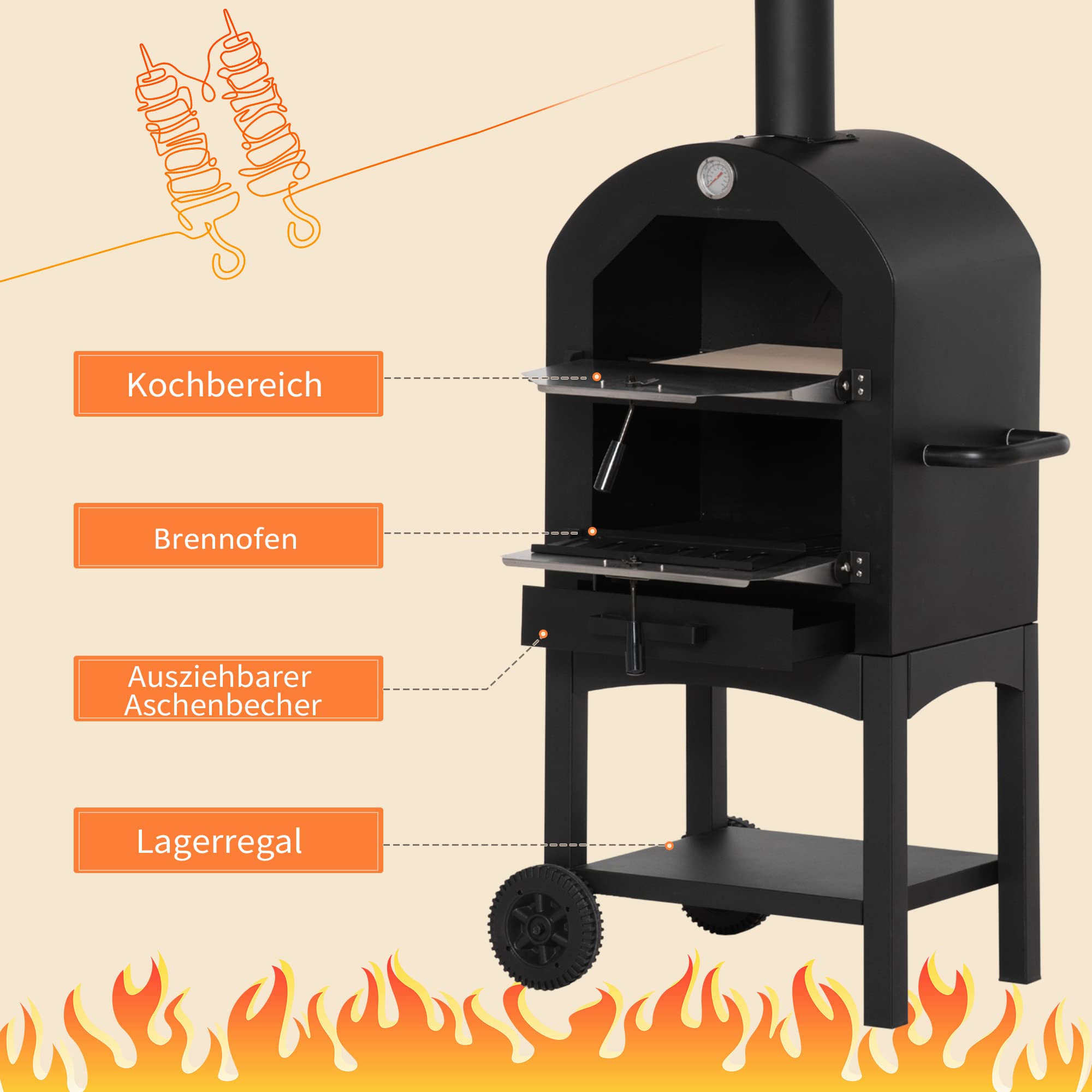 Outsunny 2-In-1 Pizzaofen Outdoor mit Rollen Grillofen Schutzhülle Pizzaschaufel Grillnetzen Grillwagen Schornstein 3-Tier Holzbackofen BBQ Stahl Schwarz Silber 63x54x161 cm