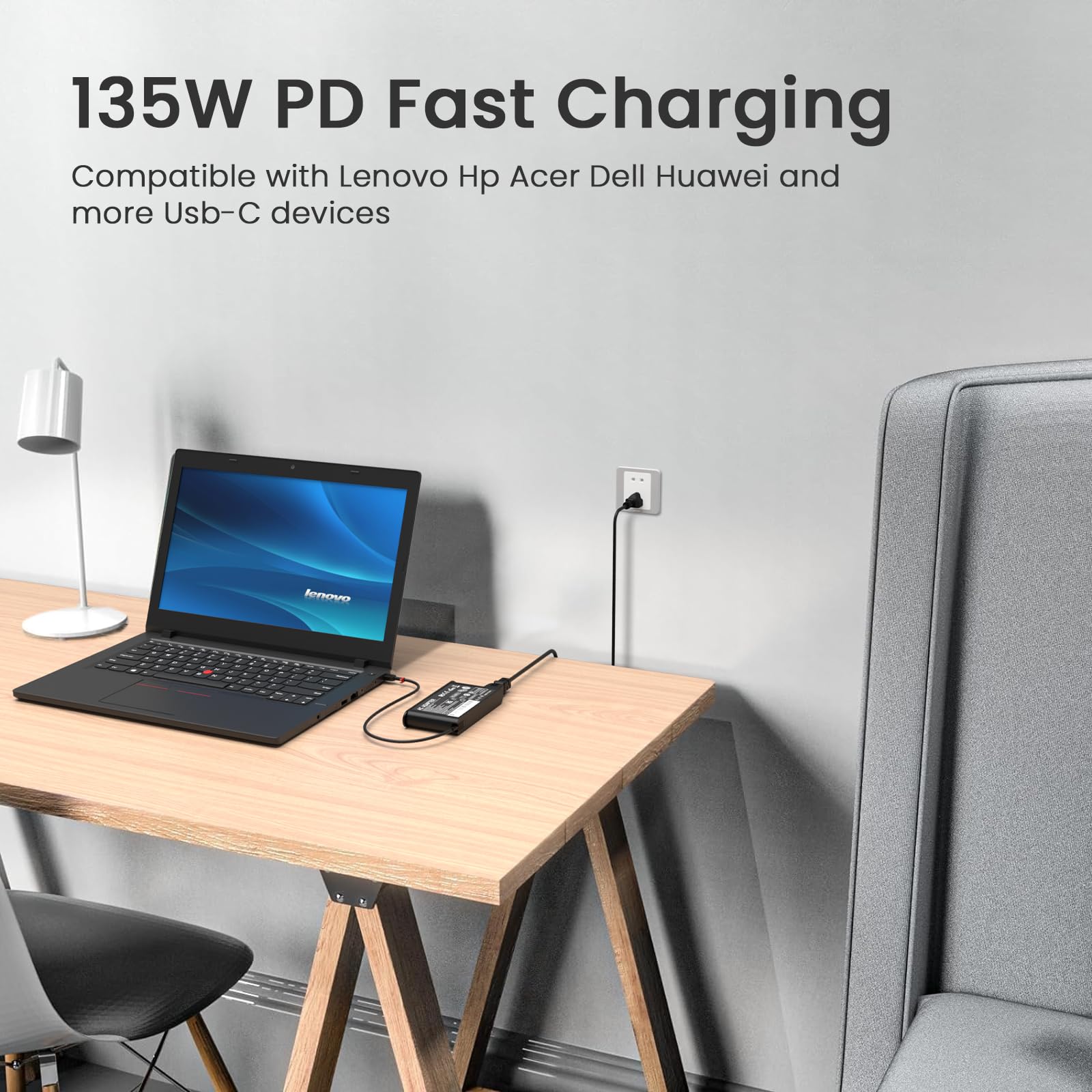 Caricabatterie USB C da 135 W compatibile con Lenovo ThinkPad Z16 P16s P15s P14s E16 E15 E14 T16 Yoga/Slim Pro 9 7 6 7i 9i Book 9 ThinkBook 16 14p 14 15 14s IdeaPad Slim/Pro 9 7 5 Legion 9