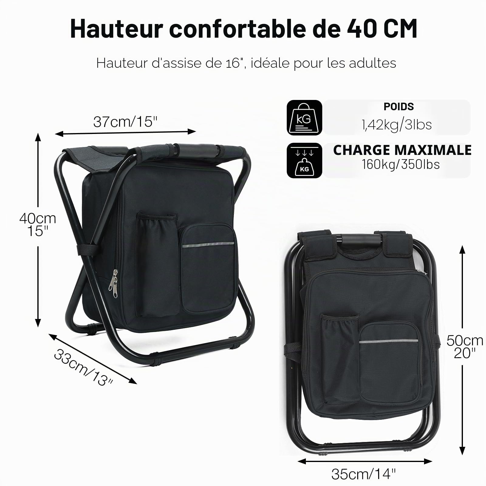 40CM Tabouret Pliable Camping avec Sac Isotherme 15L, Siege de Peche avec Sac à Dos, Compact et Fonctionnel, Chaise Pliante pour Chasse Pique-Nique, Noir