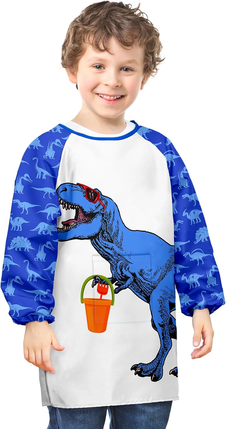Tablier Peinture Enfant Imperméable Manches Longues - 3 Poches, Velcro - 3 à 8 Ans, Motifs Licorne/Dino/Animaux