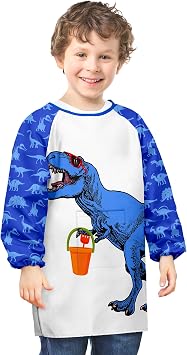 PASHOP Kids Art Smocks Unicorn Waterproof Painting Smock for Girls Boys Long Sleeve Knee Length Artist Smock with Pocket Blue Dinosaur, 3-7 Years