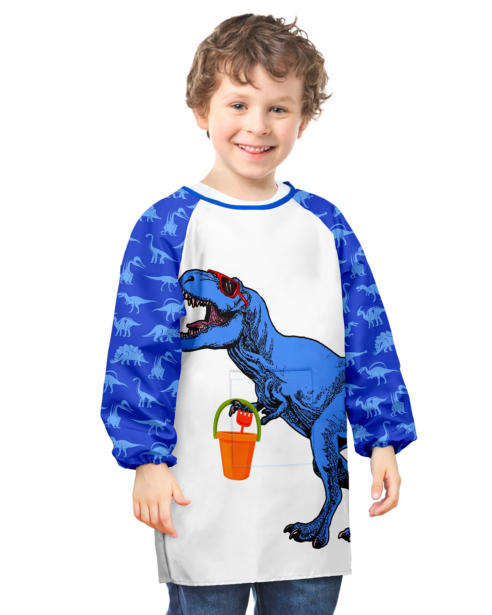 PASHOP Kids Art Smocks Unicorn Waterproof Painting Apron Smock for Girls Boys Long Sleeve Knee Length Artist Smock with Pocket for 3-12 Years (Blue Dinosaur, 8-12 Years)