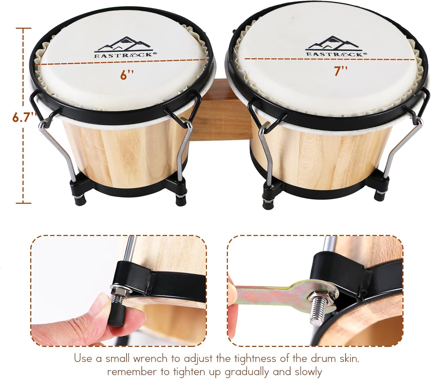 EastRock Bongo Drum 6” and 7” Set for Adults Beginners Professionals Tunable Wood and Metal Drum Percussion Instruments with Bag and Tuning Wrench