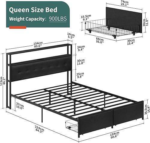 Miniatura 2 de Yoobure Base de cama Queen con cabecero, marco de cama de plataforma negra tamaño Queen, marcos de cama resistentes con 2 cajones de almacenamiento,