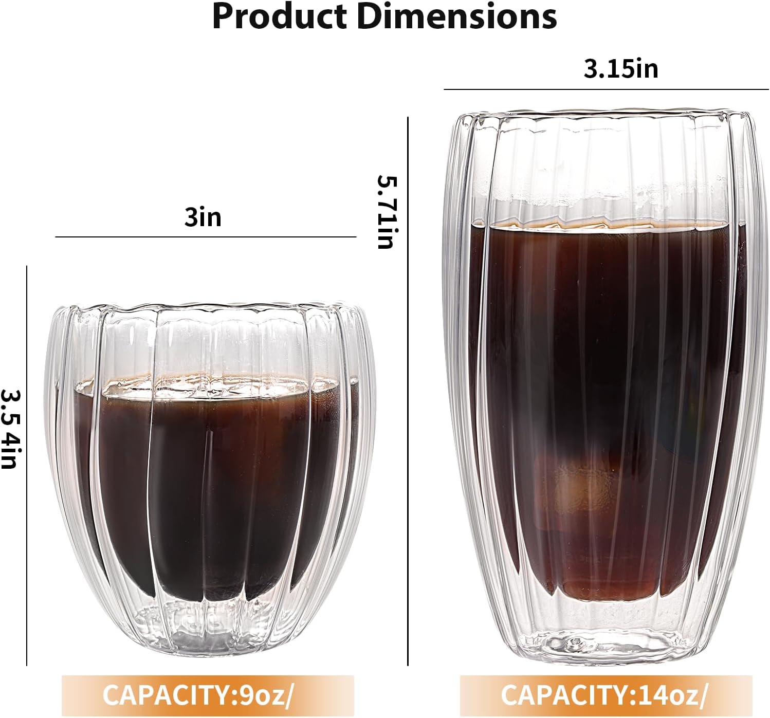 Set of 4 Double Walled Glass Coffee Cups, 2 Thermo Espresso Glasses 9oz & 2 Ribbed Glassware 15oz, Fluted Dsesign, Insulated Coffee Mugs, for Iced Coffee, Latte, Cappuccino, Water, Gift