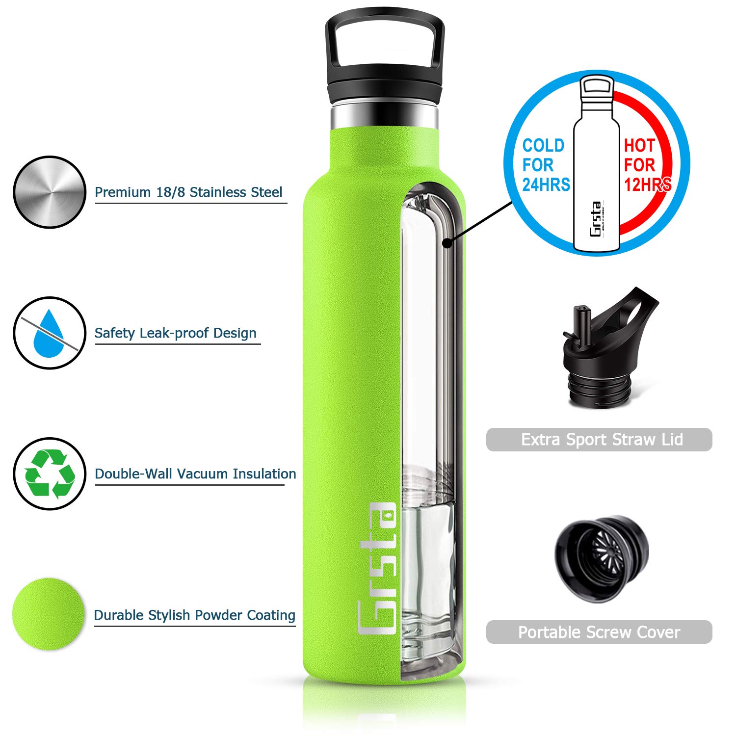 Gourde INOX, Bouteille d'eau Acier Inoxydable avec Paille et Filtre, Gourdes 350/500/750/1000ml, Bouteille Isotherme Anti Fuite Reutilisable sans BPA pour Enfant, Adulte, Sport, École, Camping