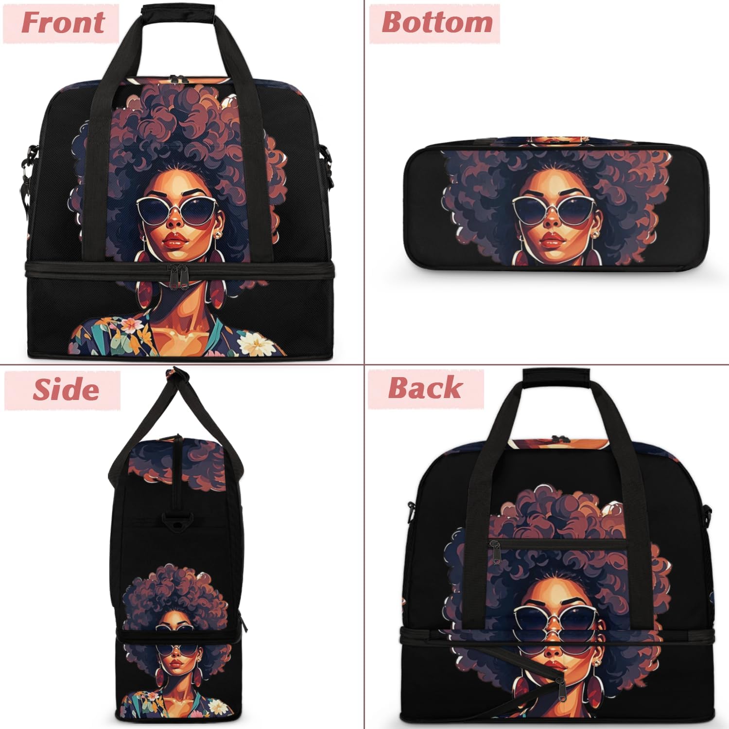 African Women Foldable Travel Duffel Bag, Expandable Weekender Overnight Carry on Bags with Shoe Compartment Sport Tote Gym Luggage for Women Men - Image 7