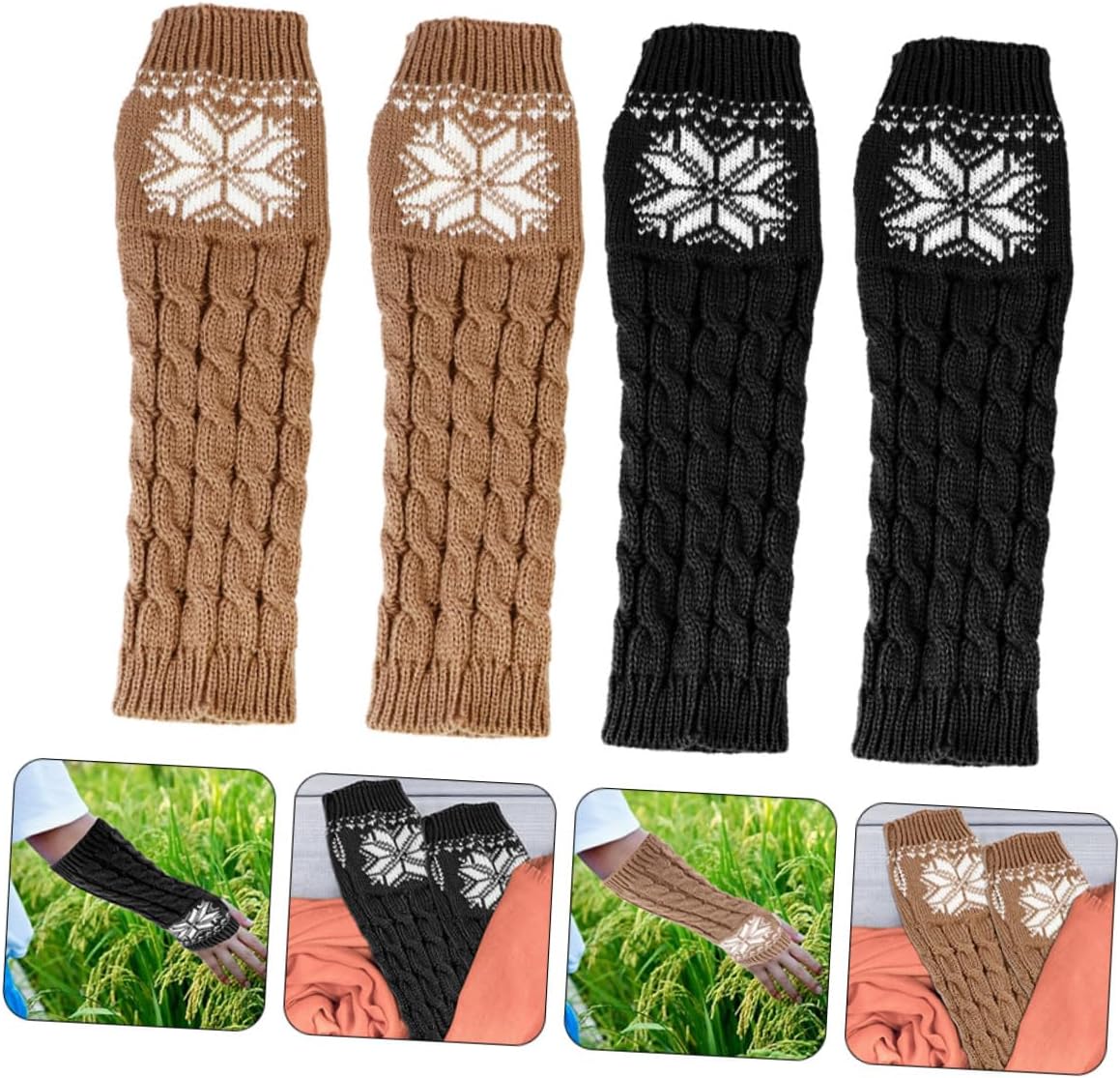 TOYANDONA 2 Pairs Women’s Knitted Arm Warmers Winter Warm Long Fingerless Sleeves with Christmas Snowflake Pattern Black One Size Cozy Arm Covers for Cold Weather