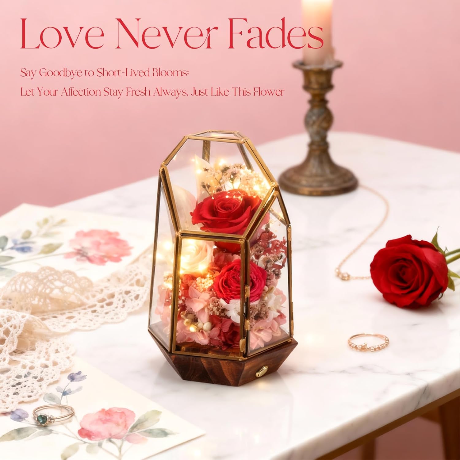 Valentines Day Flowers Gifts for Her,Forever Real Preserved Roses in Glass Dome,Valentines Roses Gifts for Wife Women Best Friend Girlfriend/Pink Rose - Image 2