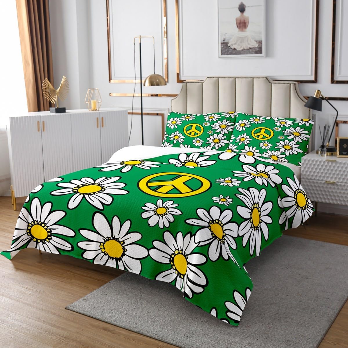 jejeloiu Groovy Bedspread 70s Retro Psychedelic Flower Bedspread for Kids Boys Girls Exotic Hippie Coverlet Set Boho Disco Aesthetic Quilted Room 3Pcs King Size