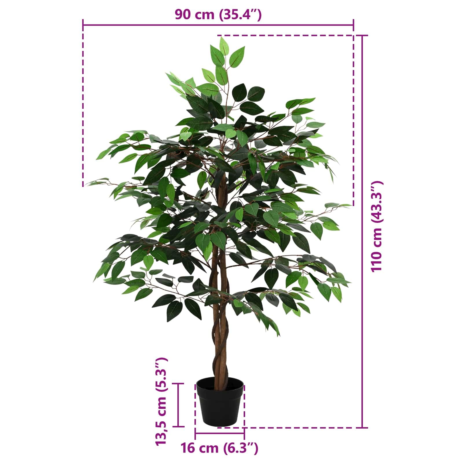 Sztuczna roślina ficus, 90 x 16 x 110 cm, sztuczna roślina z materiału i drewna, do salonu, biura i sypialni, łatwa w pielęgnacji, zielona dekoracja
