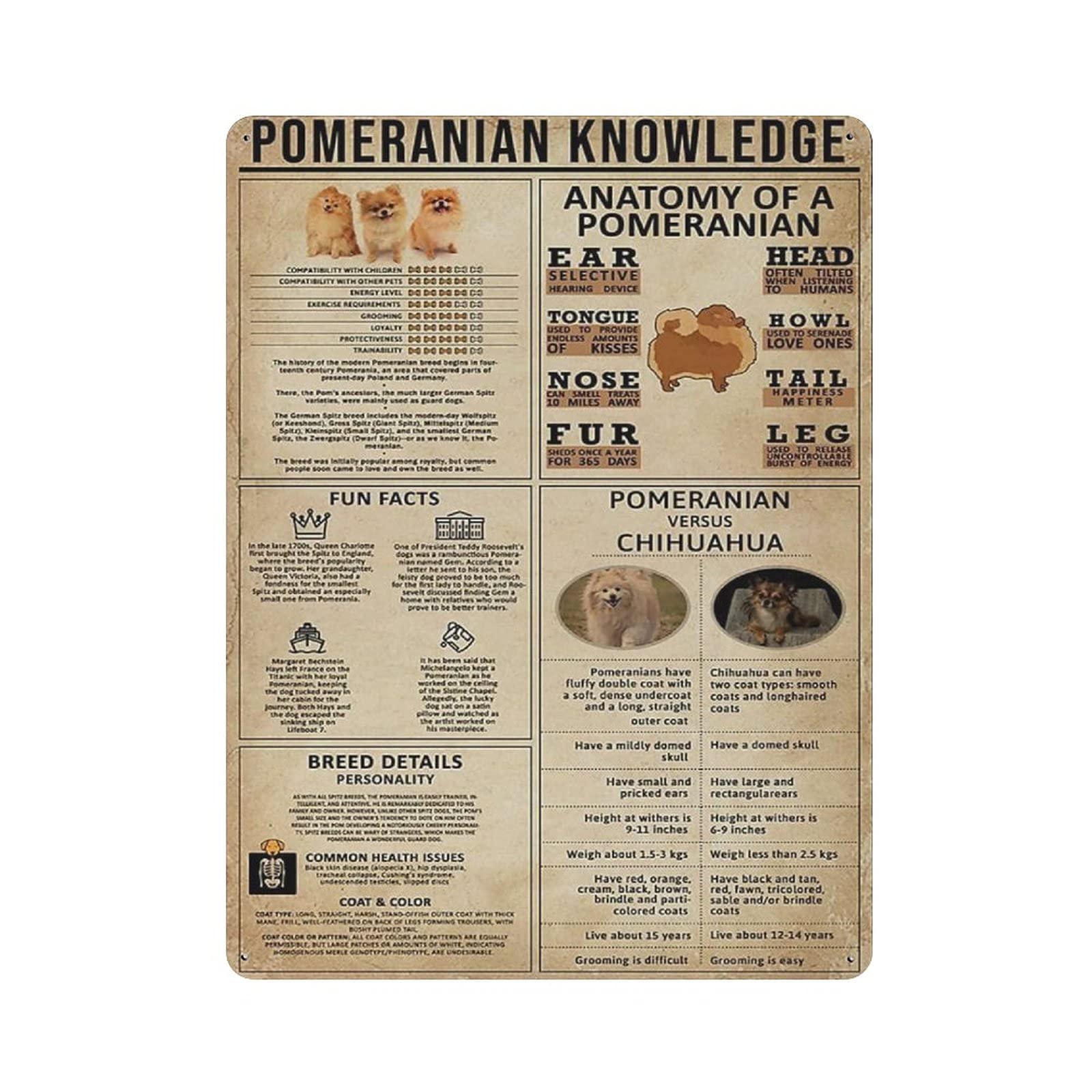 Metal Tin Sign Pomeranian Knowledge Vintage Tin Poster Metal Sign Wall Decoration Country Kitchen Home Garage Decor 16"x12"