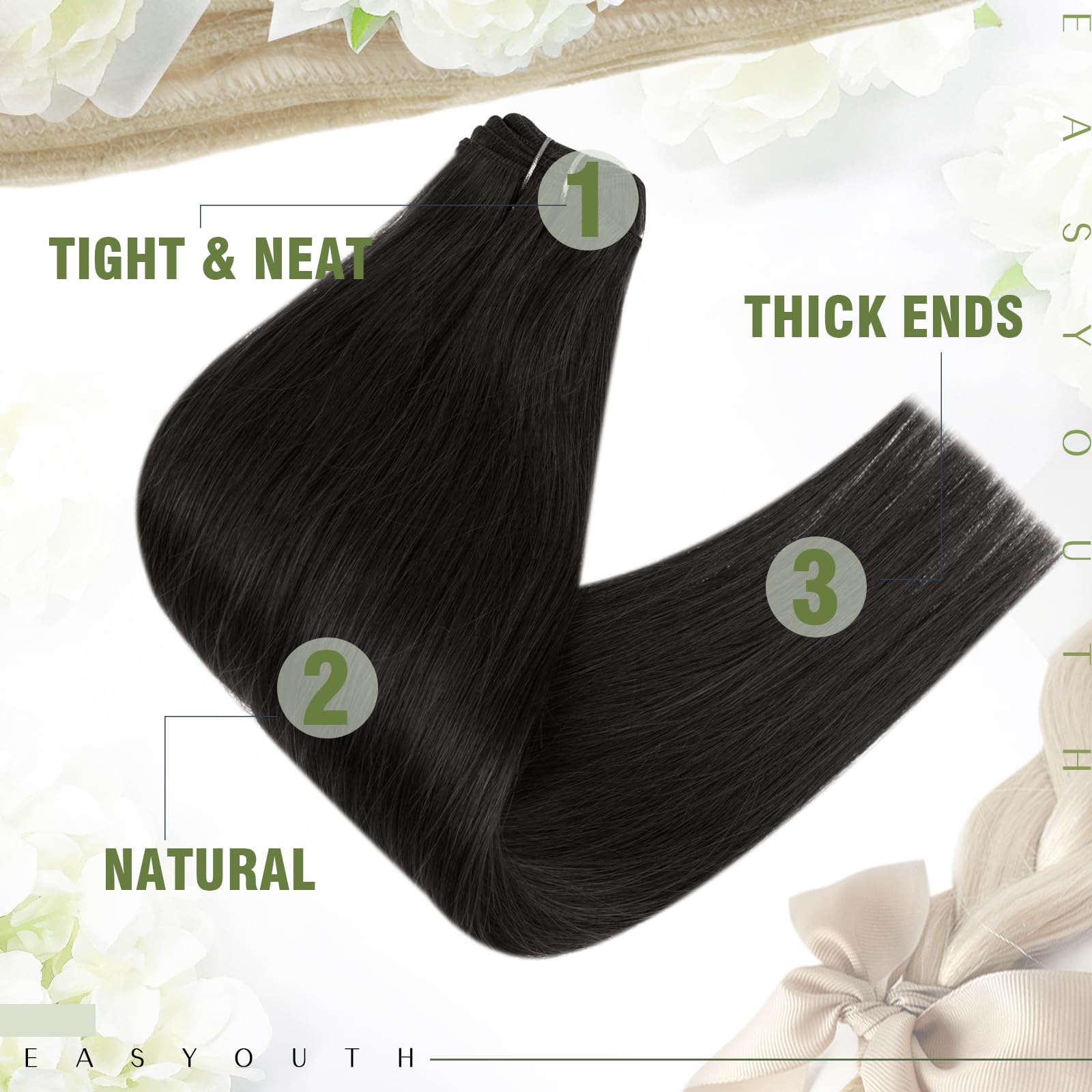 Easyouth Weft Hair Extensions Real Human Hair Black Sew in Hair Extensions Real Human Hair Jet Black Double Weft Human Hair Extensions 24 Inch 100g - Image 3