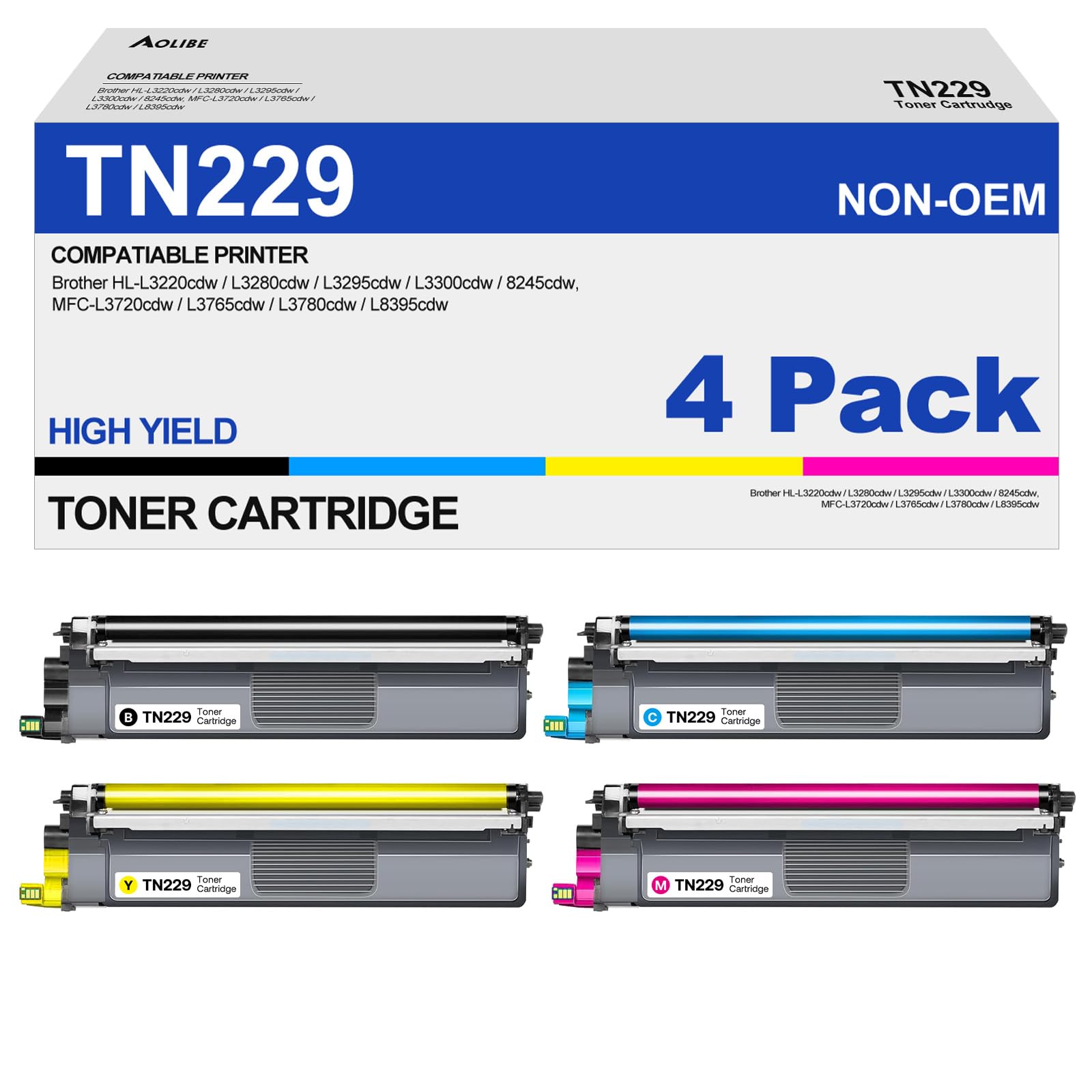 Photo 1 of AOLIBE TN229XL Toner Cartridges 4 Pack Compatible for Brother TN229 with MFC-L3720CDW MFC-L3780CDW MFC-L3765CDW MFC-L8395CDW HL-L3220CDW HL-L3280CDW HL-L3295CDW HL-L3300CDW HL-L8245CDW Printer