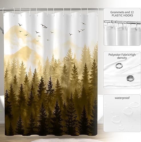 Miniatura 6 de Cortina de ducha ChloropLastid bosque marrón nebuloso forestal cortina de ducha ombre amarillo marrón forestal impermeable cortinas de ducha de tela