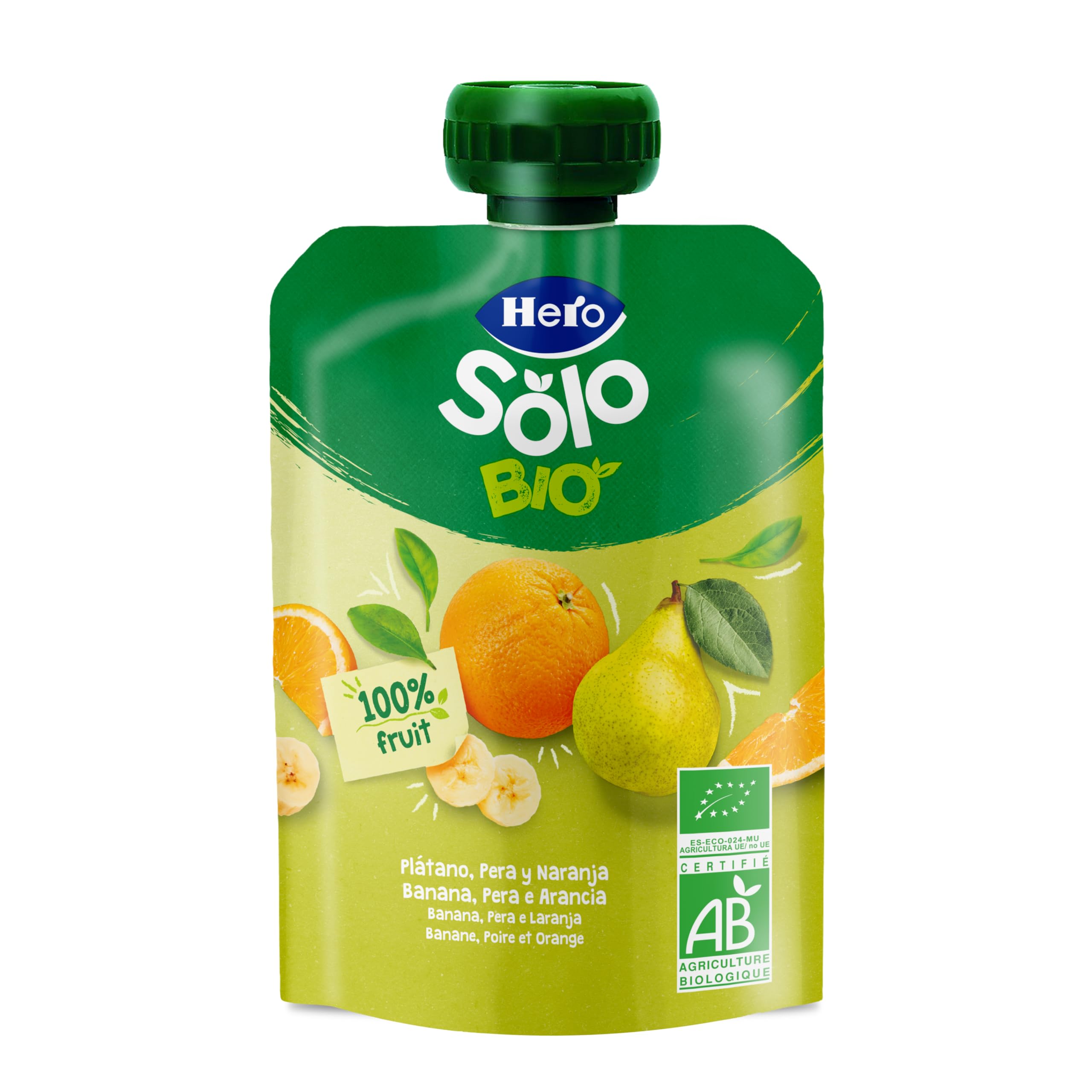 Alimento infantil con puré de pera, plátano y naranja 100% ecológica Hero bolsa 100 g