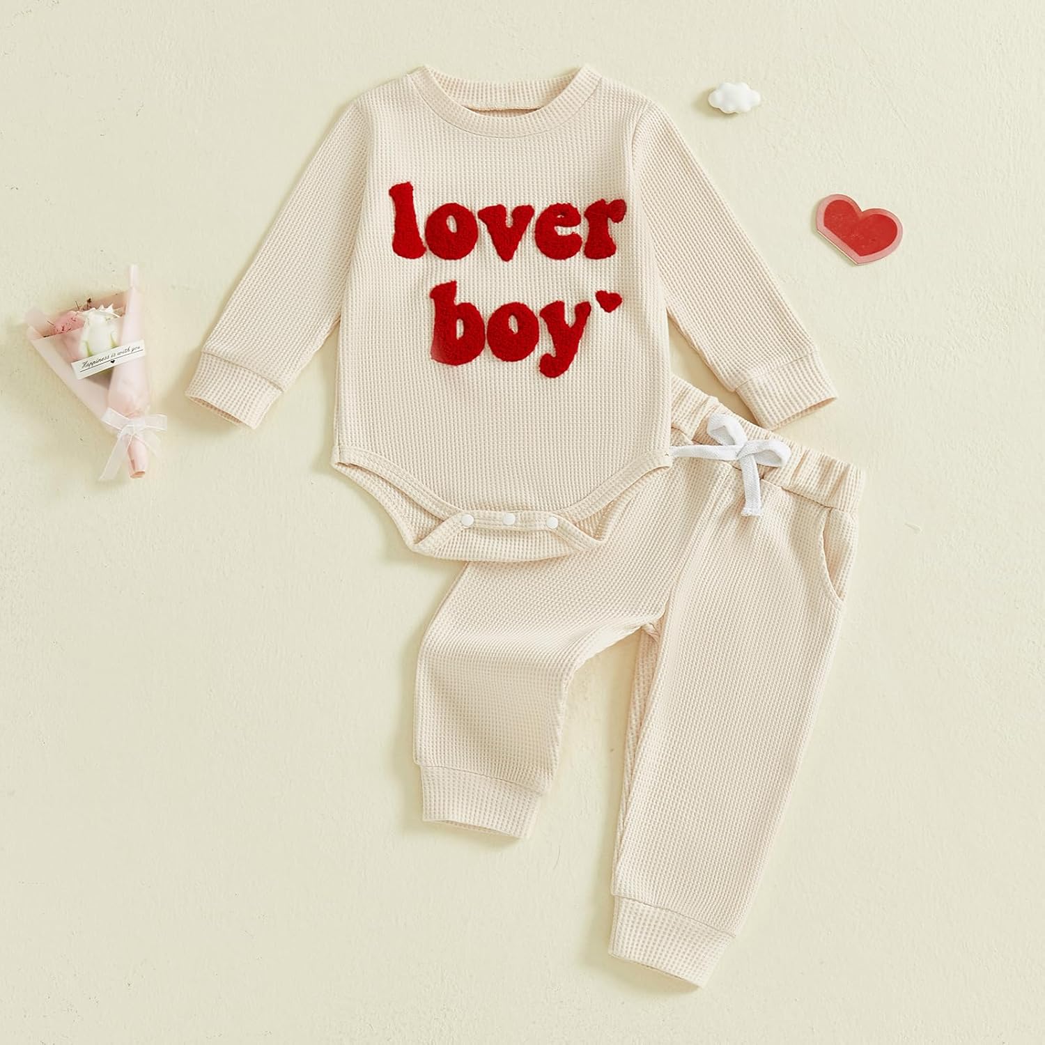 Newborn Baby Boy Valentine's Day Outfit Lover Boy Embroidery Romper Bodysuit Jumpsuit Pants Set Infant Clothes - Image 5