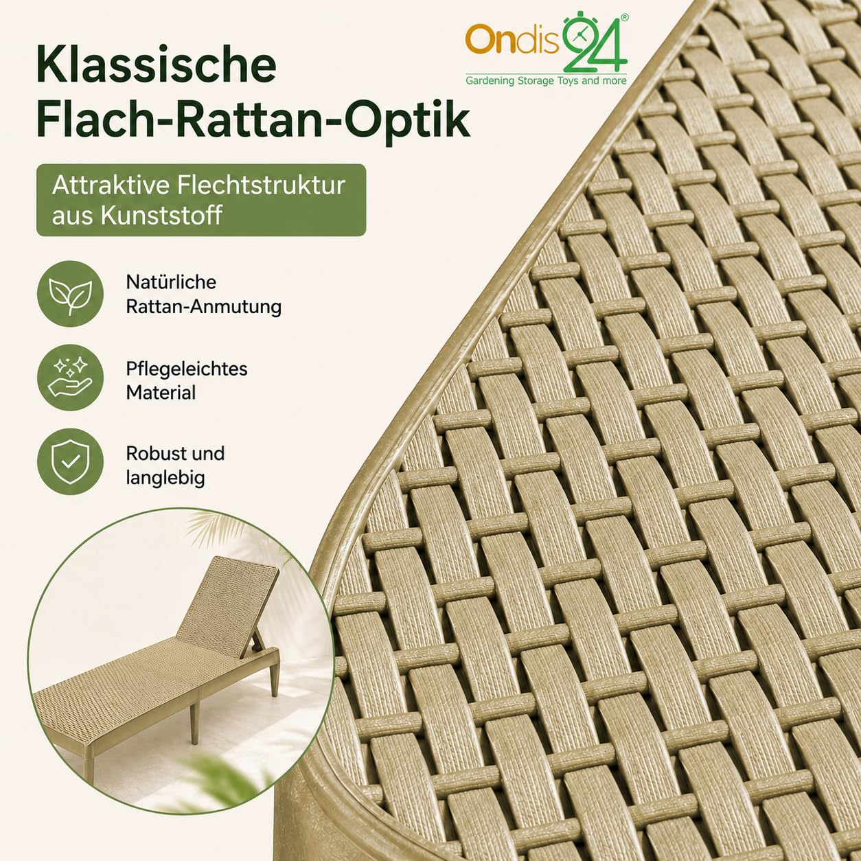 Ondis24 Gartenliege Milan Sonnenliege verstellbares Kopfteil, Relaxliege aus Kunststoff, Flache Rattan-Optik (ohne Kissen, Cappuccino)