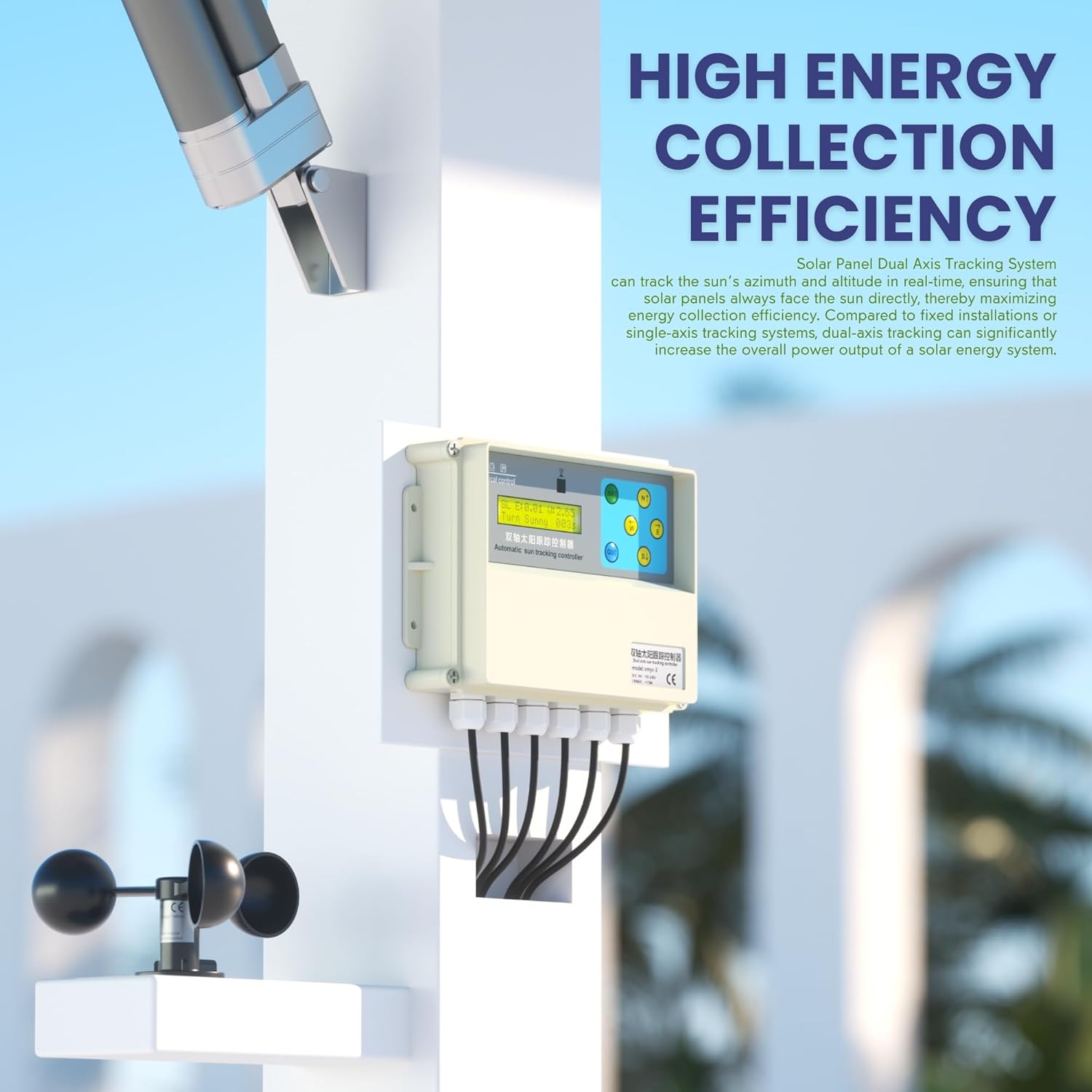 Dual Axis Solar Tracker Controller, Automatic Sun Tracking Controller, Solar Panel Solar Tracking System Control Kit with Sunlight Sensor, Wind Speed Sensor, 2 Limit Sensor, Remote Control