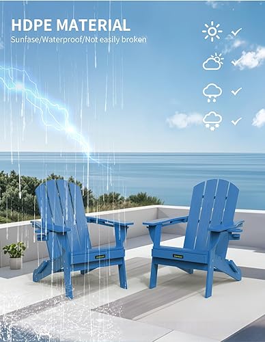 Miniatura 7 de Silla Adirondack plegable, sillas Adirondack de plástico texturizado de madera con soporte para 2 tazas, silla para hoguera de polietileno de alta