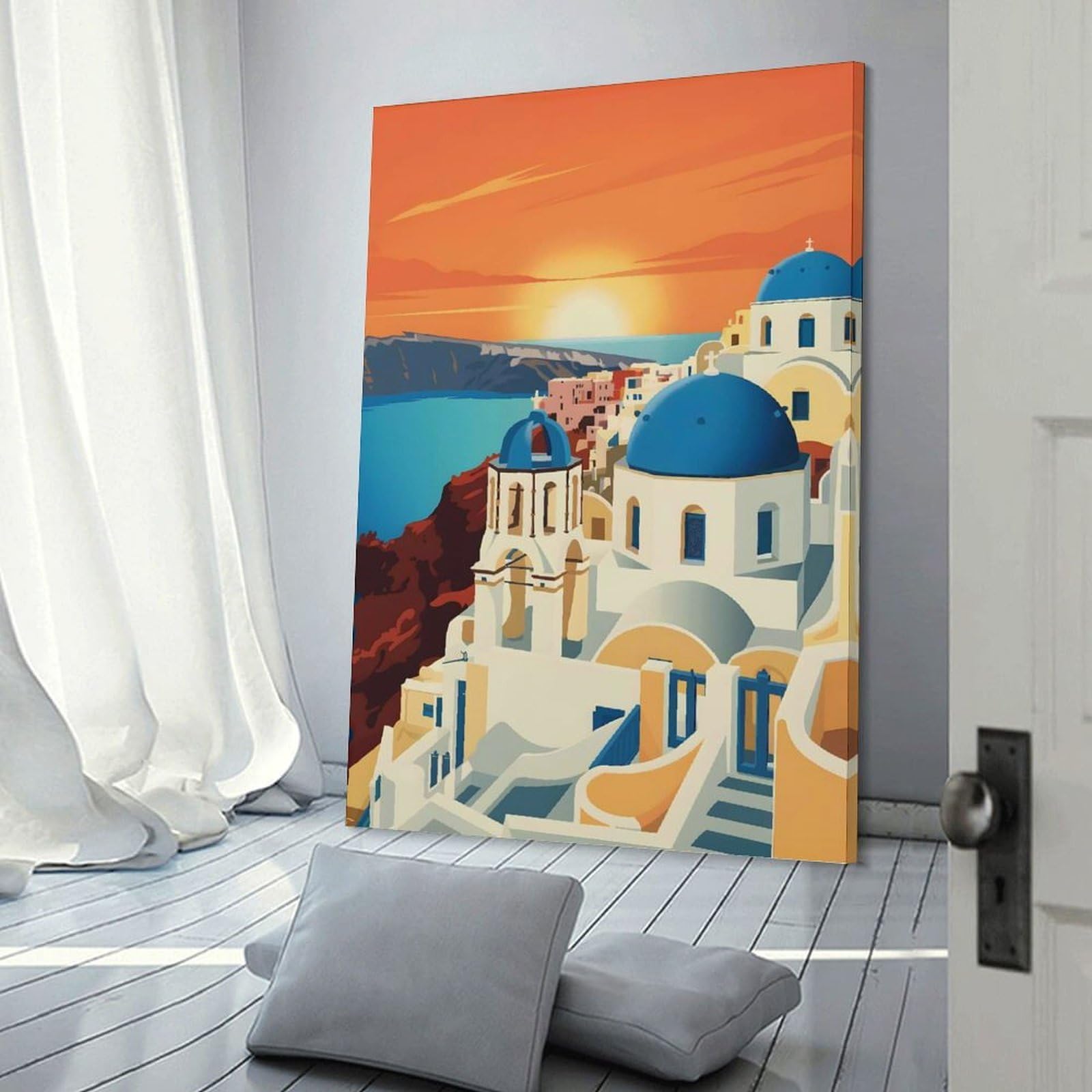 Junmoney Hanging Wall Art Santorini Sunset Illustration, 20x30inch(50x75cm), for Work Areas, Reading Rooms Or Studios, Wall Art That Adds Style to Work Areas