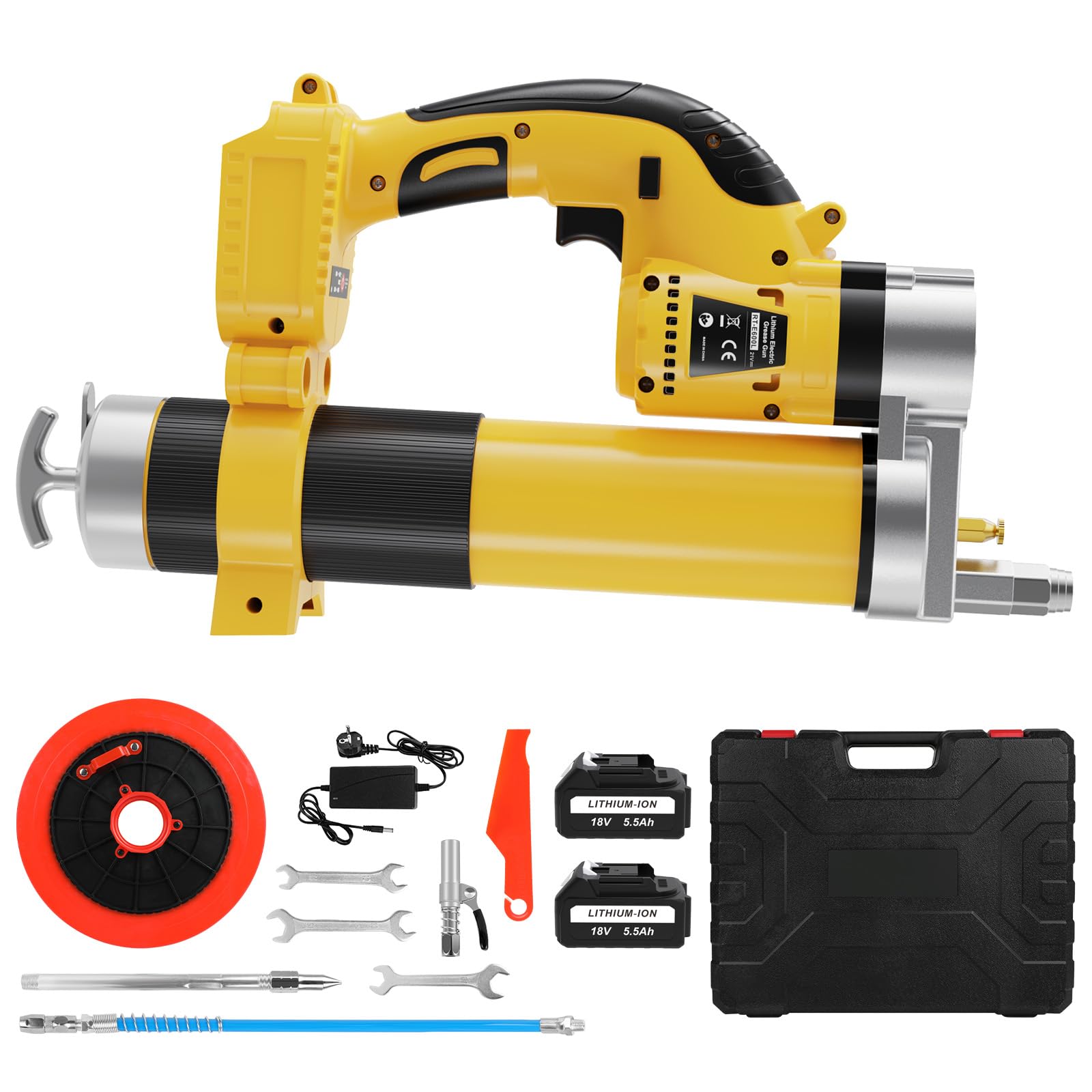 Pompa per grasso a batteria 18V, Kit pompa elettrica per grasso con 2 batterie e caricabatterie, motore brushless 8000 PSI, batteria agli ioni di litio 18V 5,5Ah per veicoli e macchine