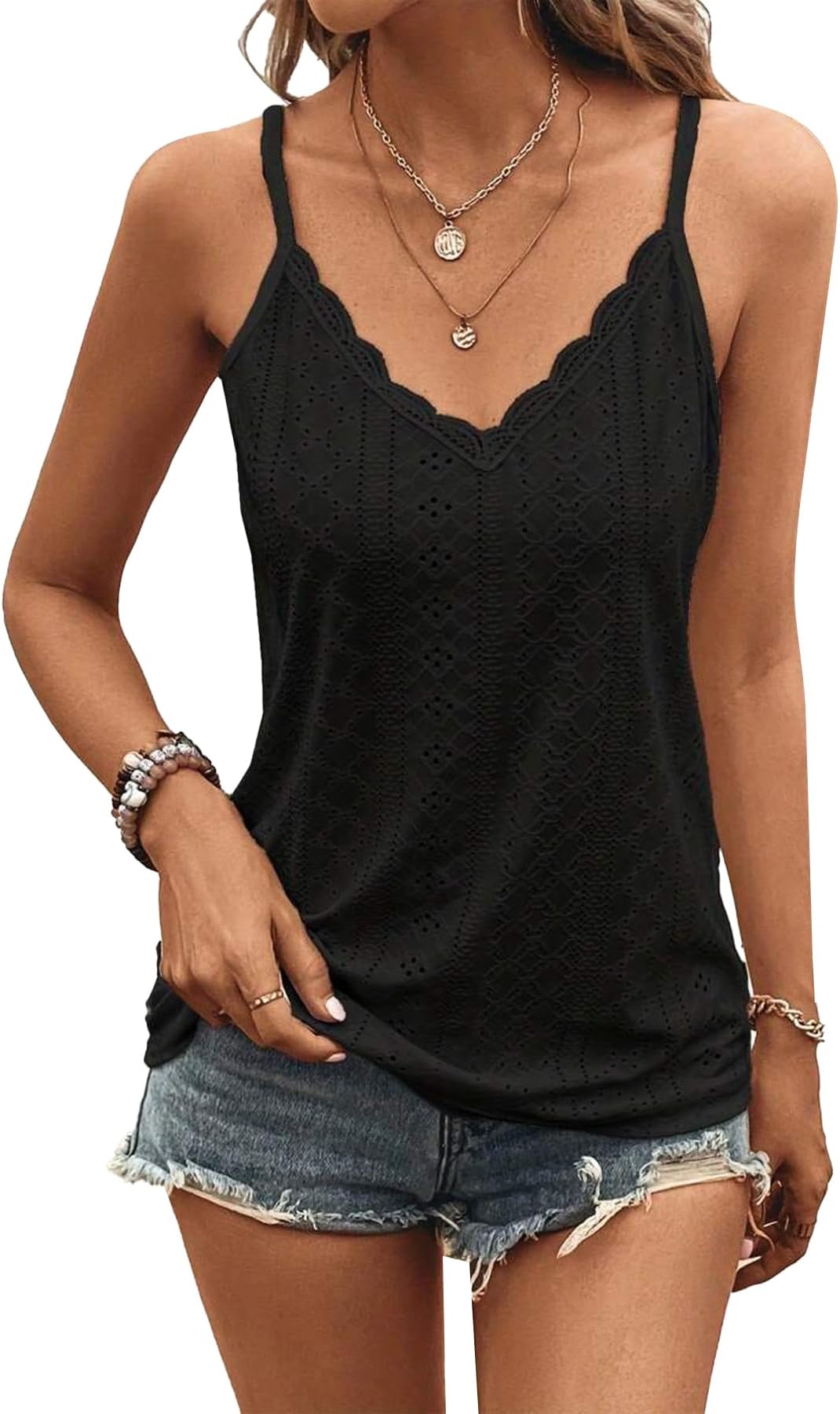 Hanaoops Vests Tops for Women Summer Ladies Sleeveless Tank Tops Lace Trim V Neck Vest Casual Boho Spaghetti Strap Eyelet Embroidery Camisoles