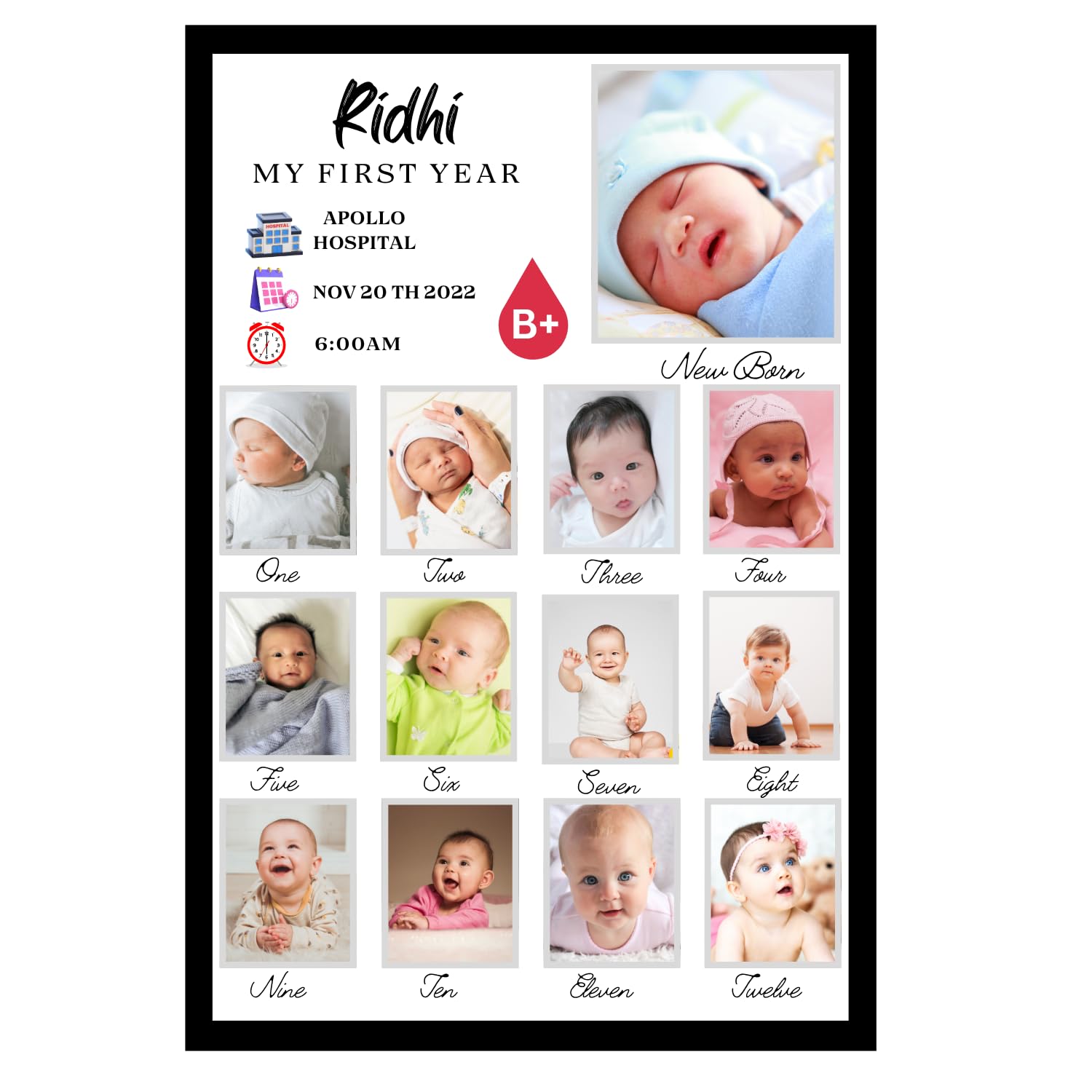 Customized Baby First Year Photo Frame 13x19 Inch Black | Personalized Baby Memory Frame with Name, Birth Details & New Born to 12 Monthly Photos | Custom Newborn Collage Frame for Birthday, Baby Shower & Nursery Decor-image-15