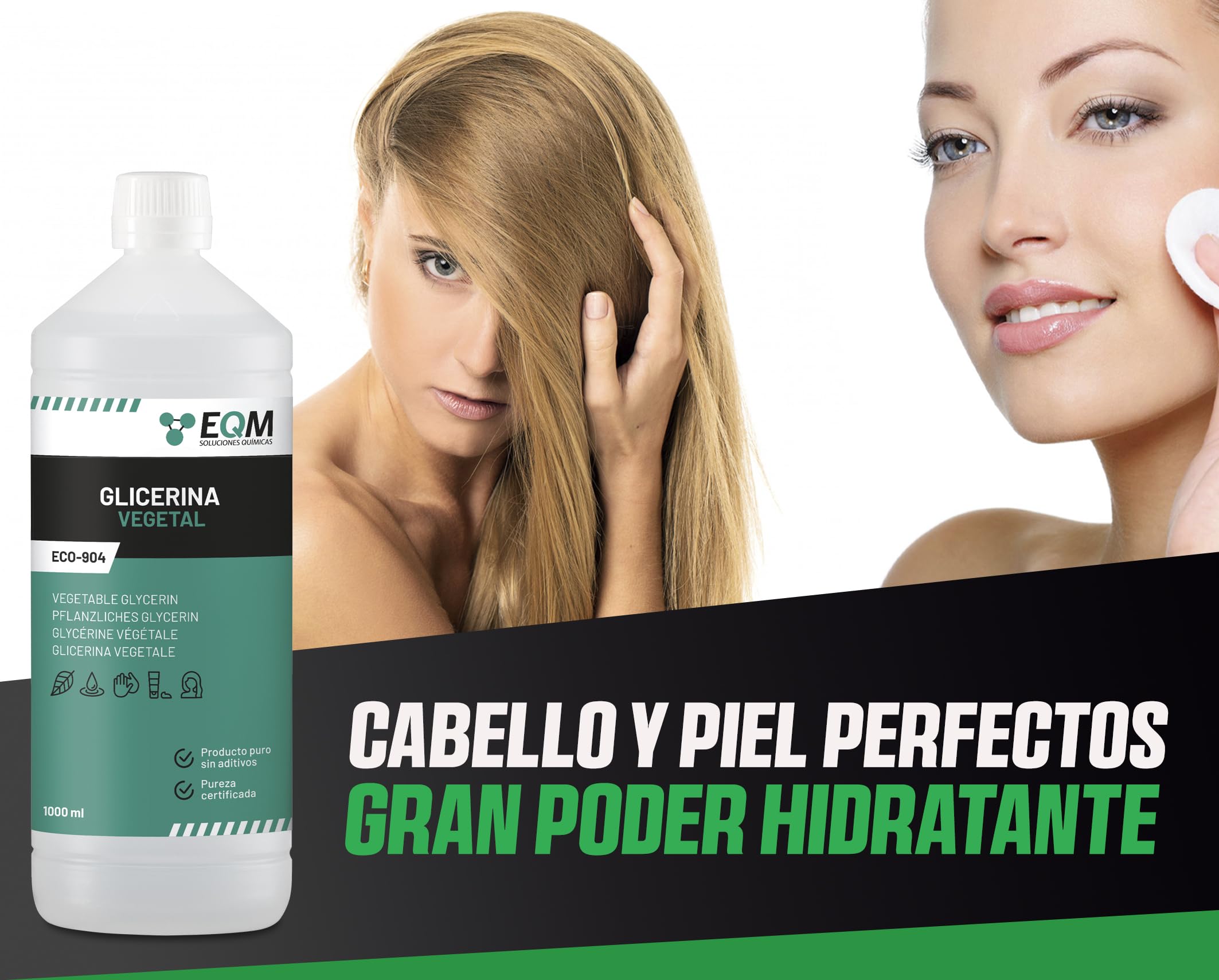 EQM - ECO-904 - Glicerina Vegetal Líquida - 1L - Grado farmacéutico - Hidratante natural cabello y piel - Ideal para jabones, champús, cremas, etc