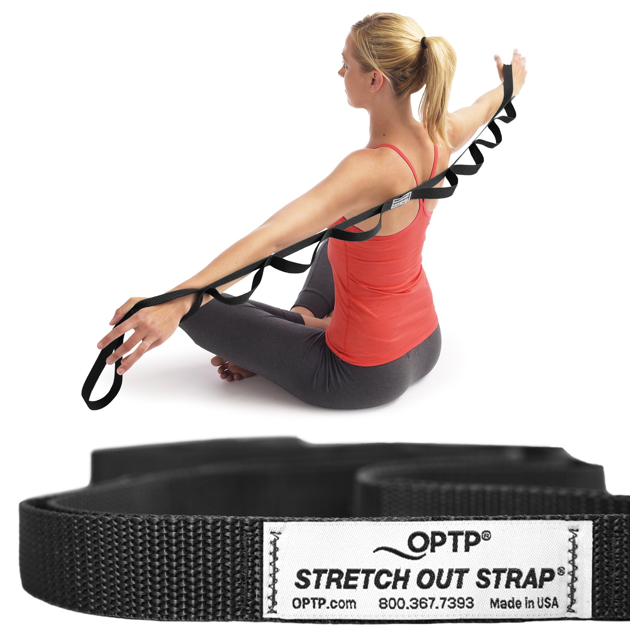 OPTP The Original Stretch Out Strap XL with Exercise Poster USA Made | Extra-Long stretching strap Stretch Out Strap for physical therapy yoga stretching strap for knee therapy 75 long nylon product thumbnail 4