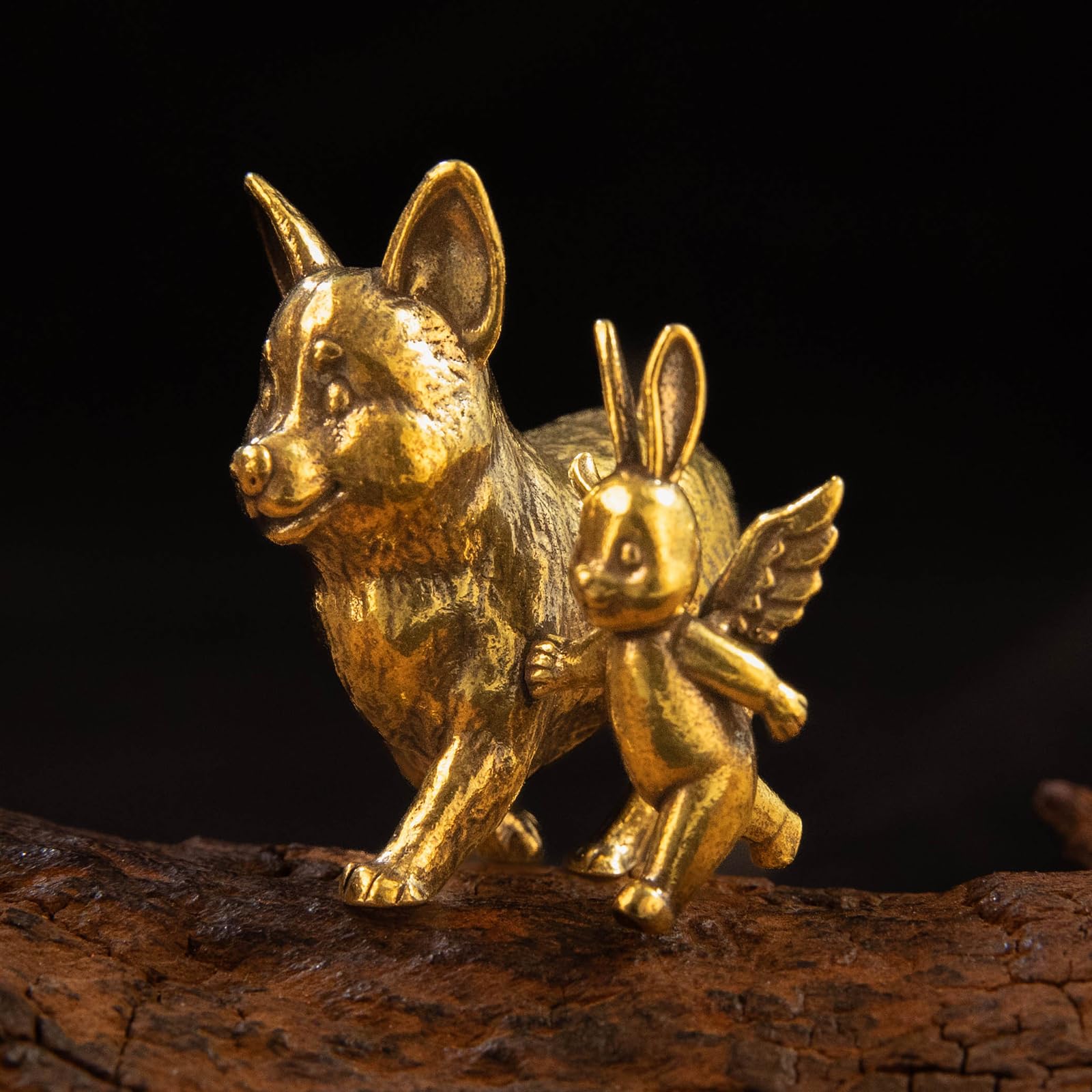 Solid Brass Husky and Angel Bunny Figurine, Retro Vintage Desk Decor, Guardian Animal Sculpture, Handmade Collectible Art Ornament for Home Office Gift