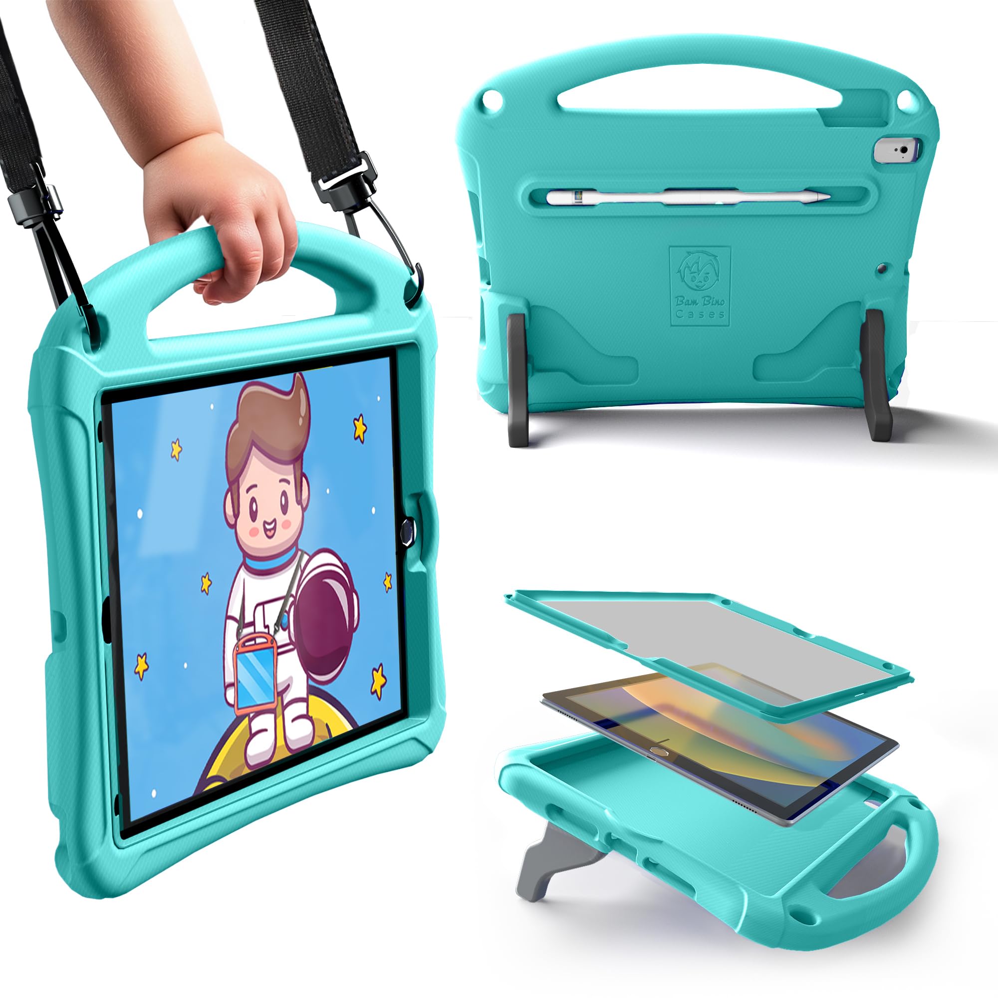 Bam Bino Space Suit iPad 9th Generation Case Kids, iPad 8th/7th/10.2 inch iPad Case for Kids | Lightweight Cover with Screen Protector, Handle, Stand, Shoulder Strap, Pencil Holder (Aquatic Turquoise)