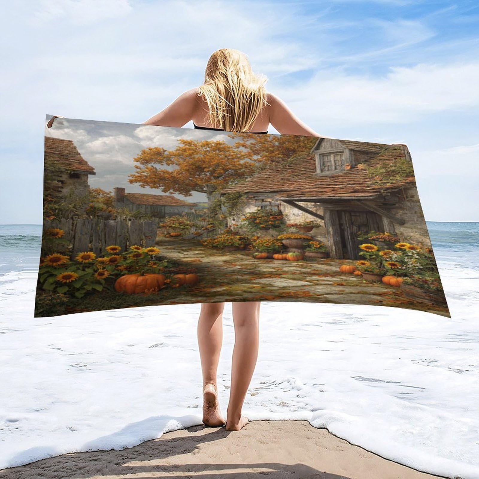 Luyysky Beautiful Realistic Autumn Barn Quick-Drying Beach Towel, Retro Classic Autumn Plant Maple Tree Sunflowers Pumpkins Travel Vacation Single Sided Pile Bathroom Towels-80 W Cm X 160" L Cm