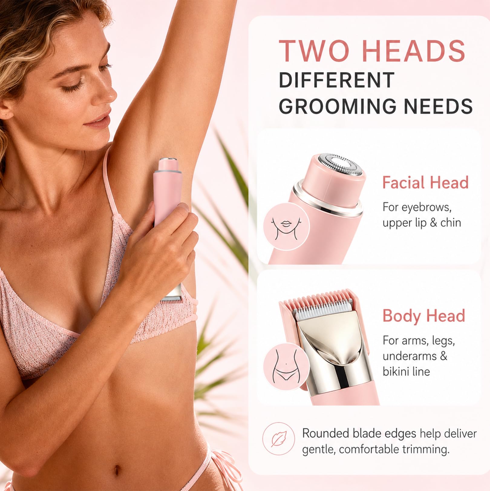 Tondeuse de bikini pour femme, épilateur facial 2 en 1 pour femme, rasoir pour femme, pour le visage, la ligne de bikini, le corps, les jambes, IPX7 étanche et rechargeable pour femme, utilisation