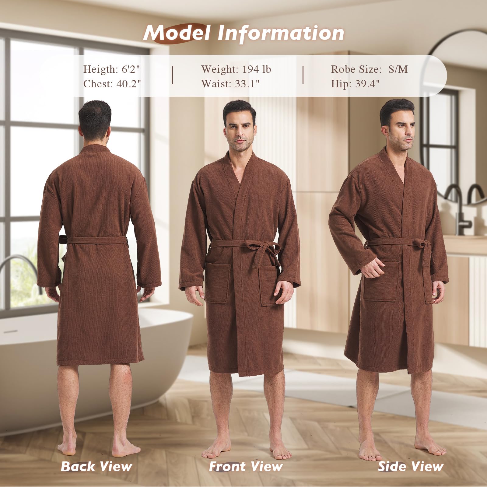 FashGudim Albornoz de rizo para hombres, grandes y pequeños, albornoz corto kimono para hombre, súper absorbente, hasta la pantorrilla, con bolsillos