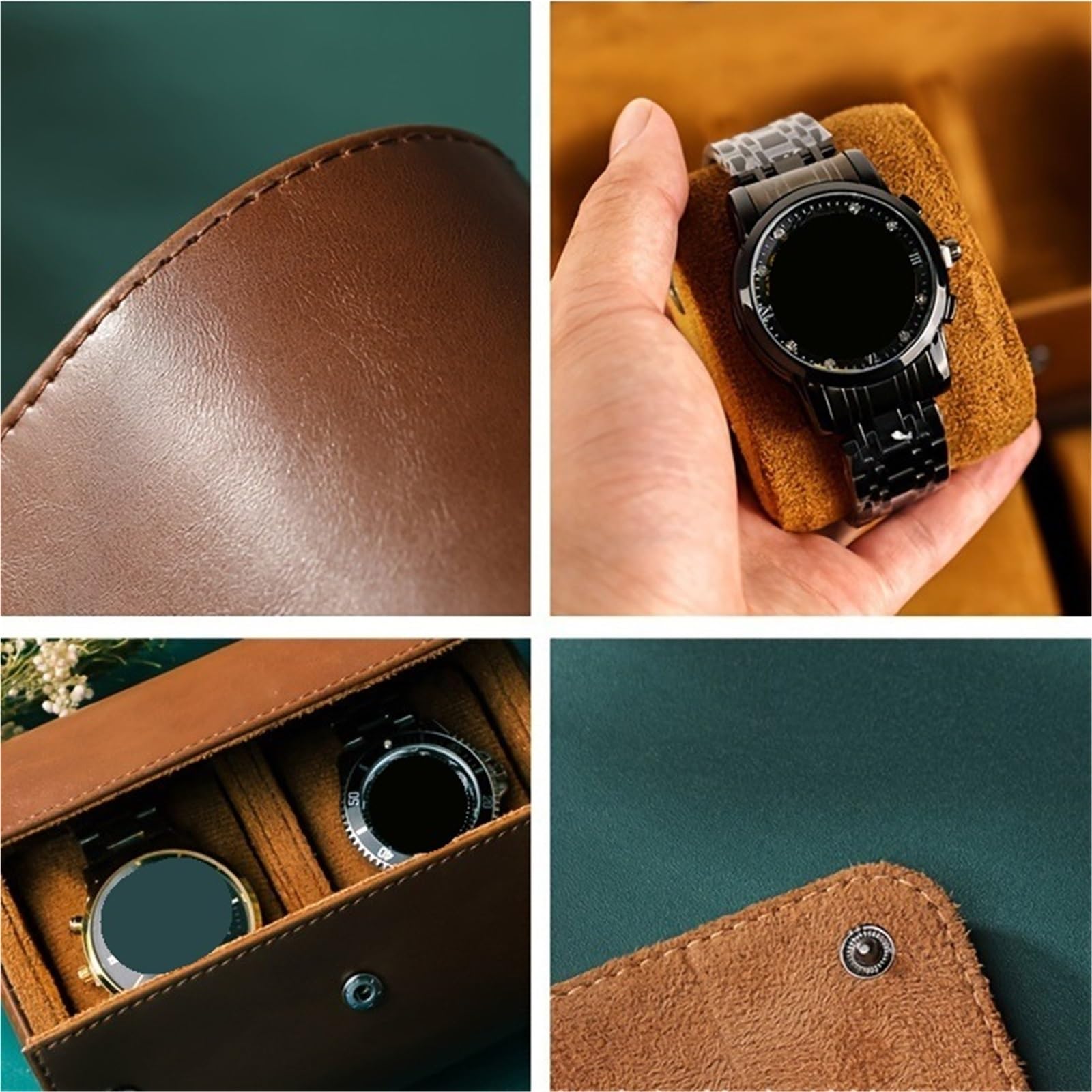 Estuche de viaje for relojes con 3 ranuras, organizador de relojes de piel sintética, for hombres y mujeres.(3 green)