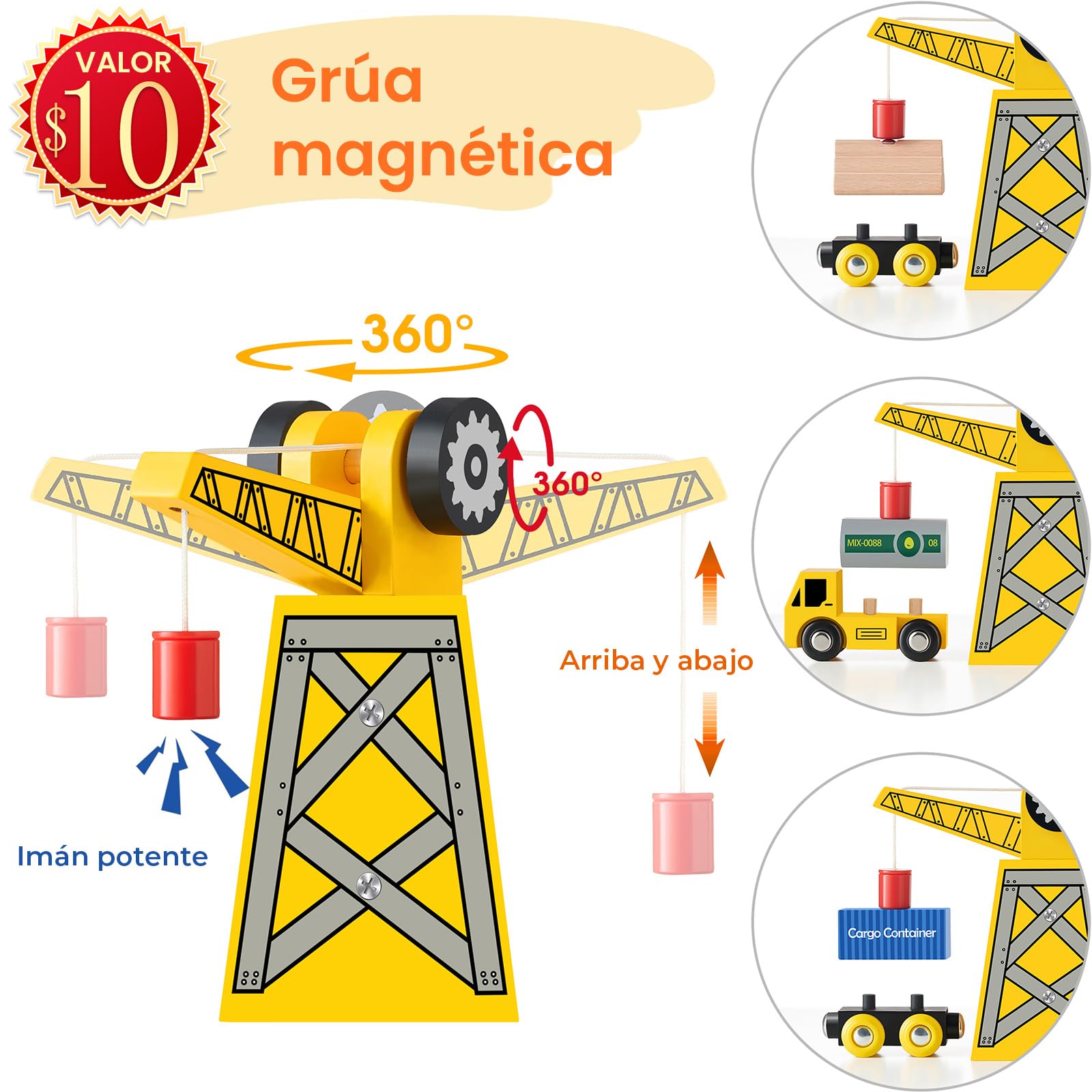 Tiny Land Juego de Trenes de Grúa, 55 Piezas, Pistas de Madera y Grúa Exclusiva y Trenes, Compatible con Otras Marcas líderes, Kit de Ferrocarril de Juguete Empaquetado de Regalo