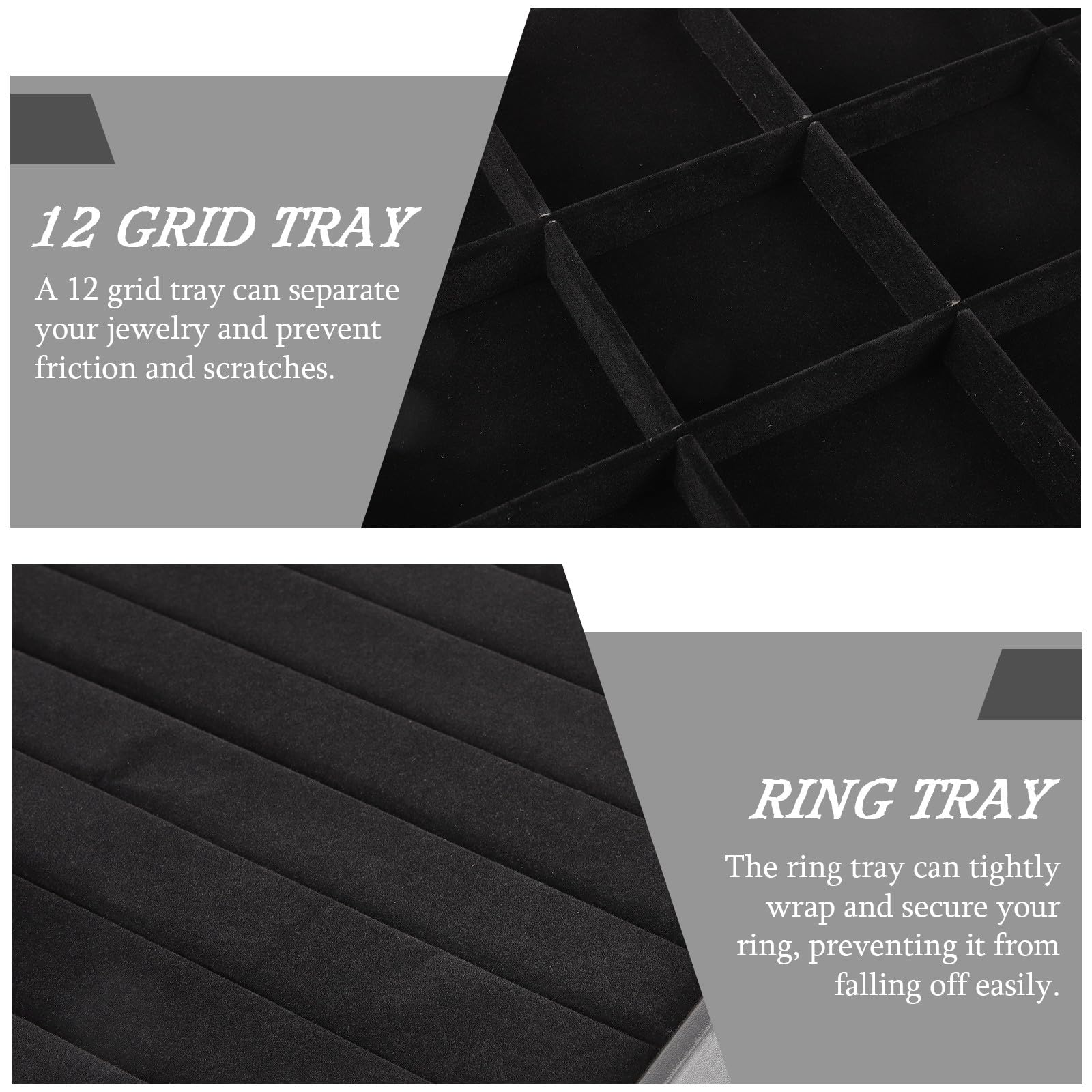 Plateau à Bagues en Flanelle Noire à 12 Compartiments pour Rangement de Bagues et Bracelets, Plateau Décoratif et Moderne pour Maison et Boutique, Lot de 2 Pièces