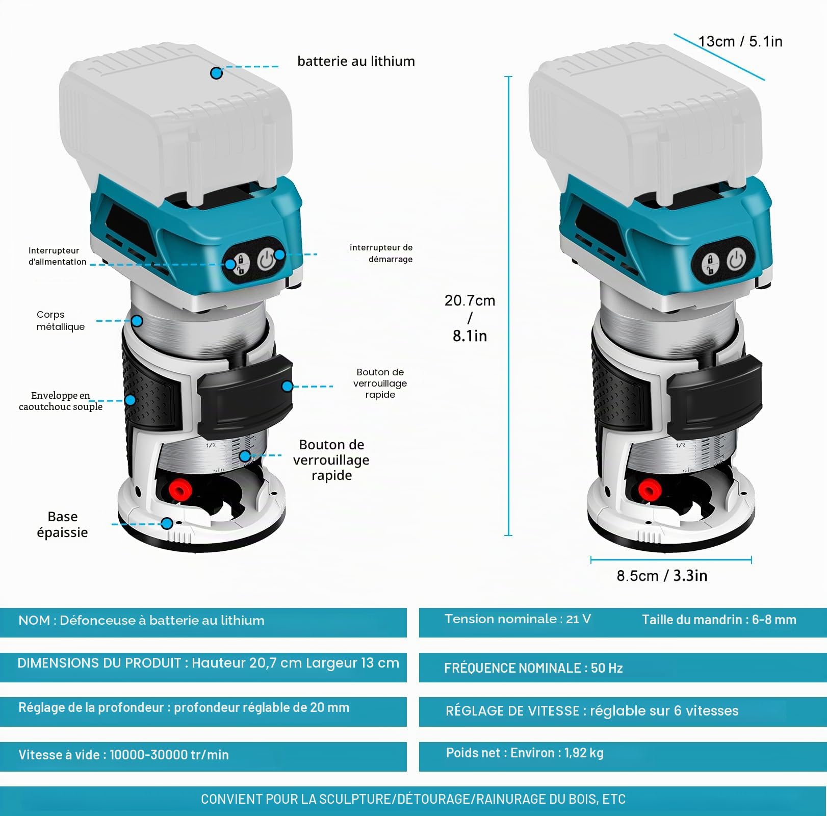 WingFly Affleureuse Défonceuse, Affleureuse Sans Fil pour Makita 18 V