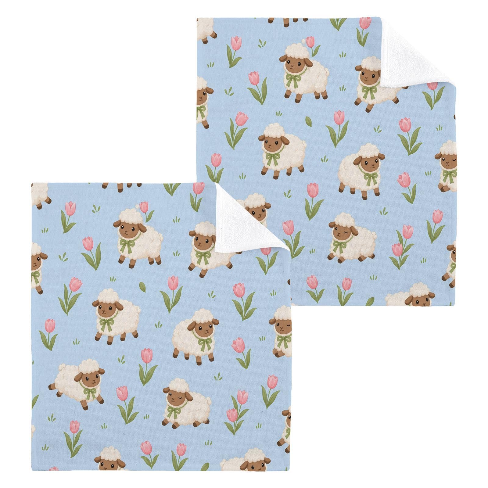 BOESI Floral Sheep 12x12in Cotton Washcloth,Soft Absorbent Face Towel