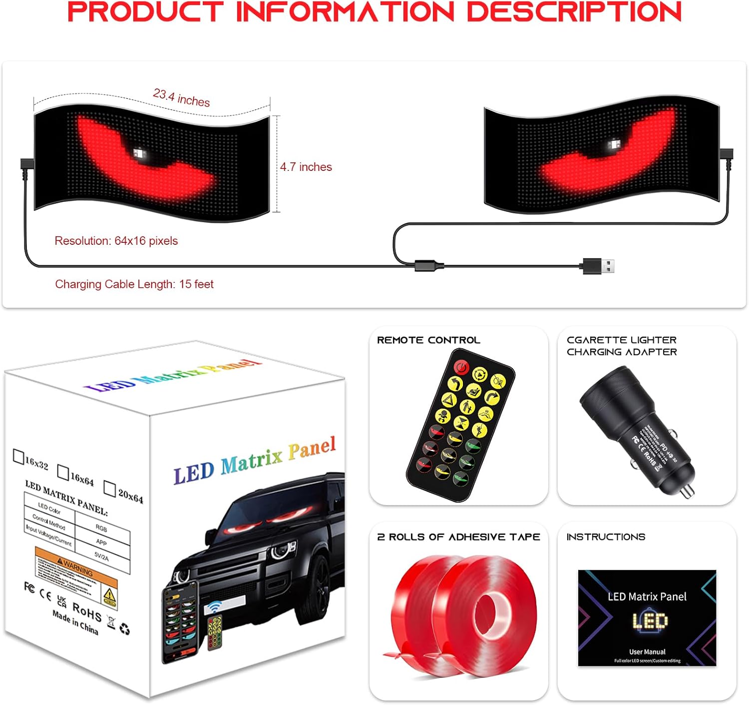 Ojos Led para Carro 23.4"x4.7" Devil's Eye Led Eyes Animated for Car Windshield, Trylightride Programmable Scrolling Sign for Cars/SUVs/Trucks, USB Powered LED Matrix Panel, Remote/App Control