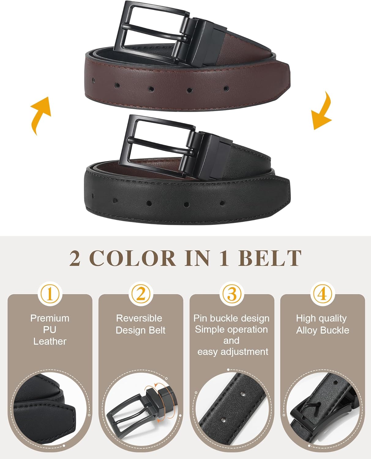 AWAYTR Reversible Kids Belts for Boys - Black and Brown Leather Belt for School Uniform Casual Jeans - Image 3
