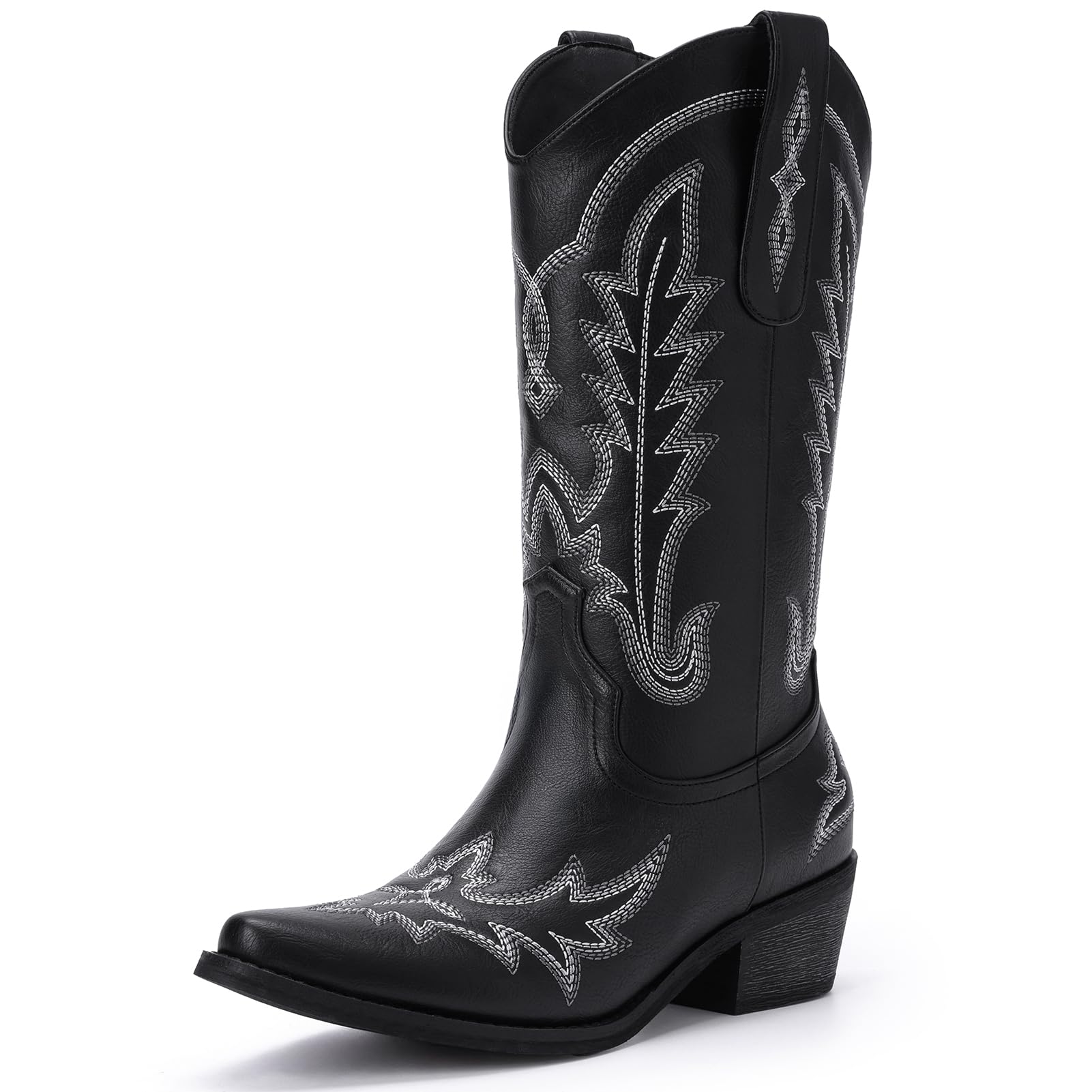 Rivalran Cowboy Boots for Women - Cowgirl Boots with Embroidery, Chunky Heel Pointed Toe Pull-on Vintage Western Mid Calf Fashion Boots for Ladies