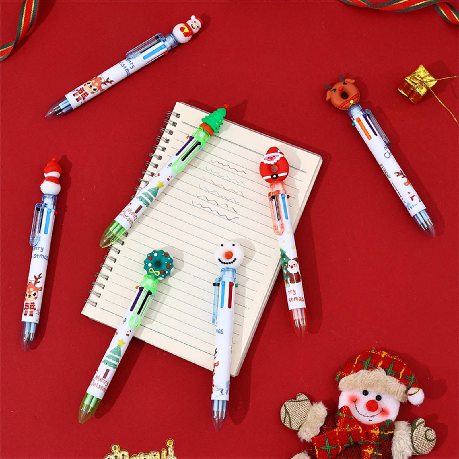 10Pcs Christmas Multicolored Ballpoint Pens 6-in-1 Retractable Ballpoint Pen Snowman Reindeer Christmas Tree Quick Dry Smooth Writing Pen — view 8