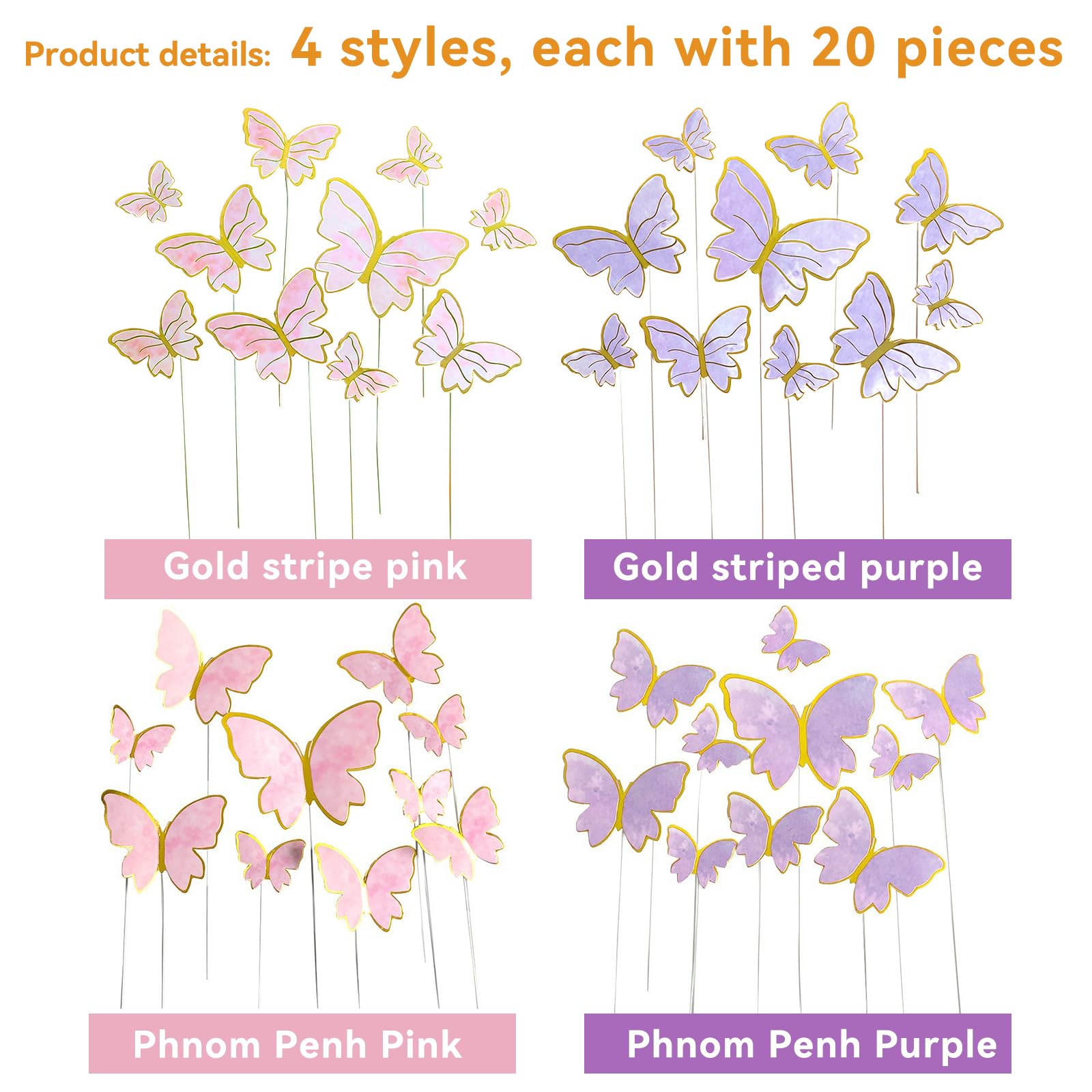 80 stuks vlinder taartdecoratie, vlinder cake decoratie cupcake topper muffin decoratie taartversiering voor meisjes voor verjaardagsfeestje bruiloft (Roze, Paars