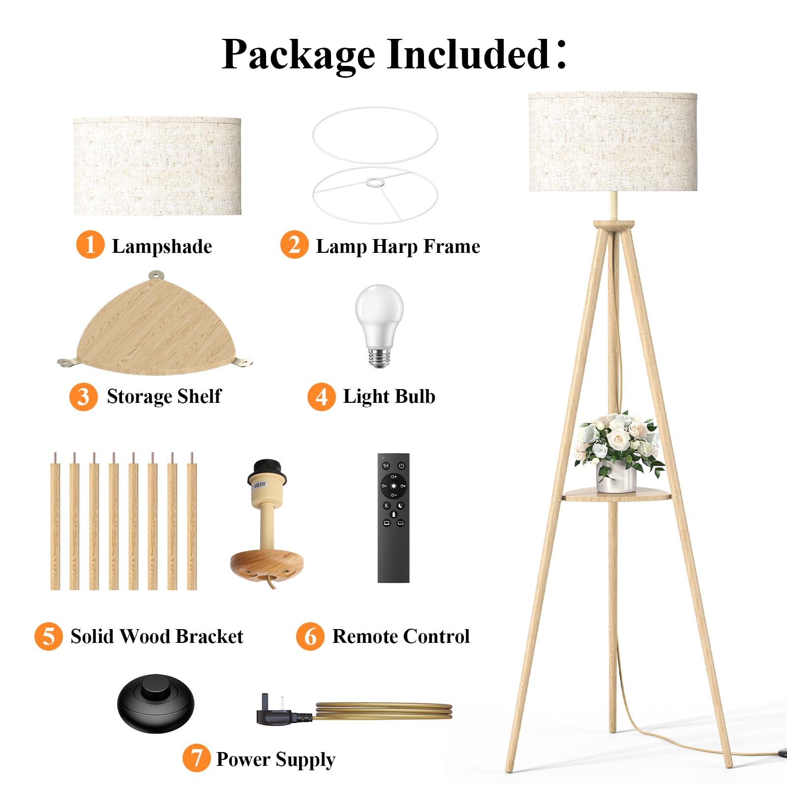 Dreibein Stehlampe Wohnzimmer mit Regal - 12W Holz LED Dimmbar Stehende Lampe mit Fernbedienung & E27 Lampe, Stehend Leselampe für Schlafzimmer, Büro, Hellbraun – Dreieckiges Regal