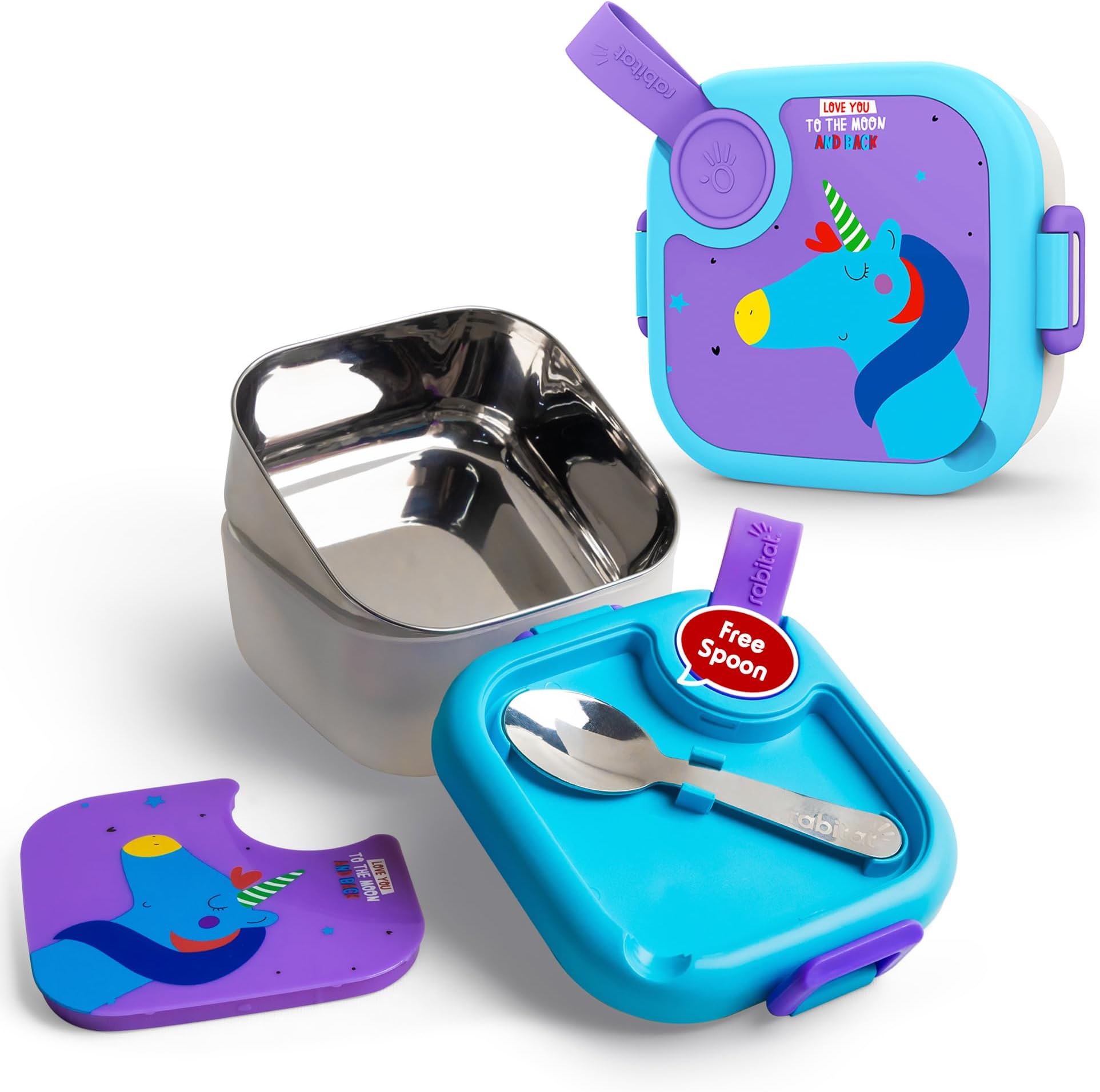 rabitat Stainless Steel Lunch Box with Spoon - 2 Years Brand Warranty | Tiffin Box for Kids | Steel Lunch Box for School Girls and Boys | LUNCHMATE Mini Love You to The Moon 500 ml