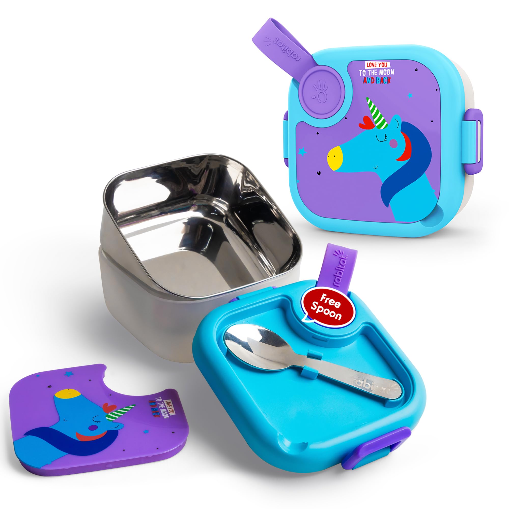 rabitat Stainless Steel Lunch Box with Spoon - 2 Years Brand Warranty | Tiffin Box for Kids | Steel Lunch Box for School Girls and Boys | LUNCHMATE Mini Love You to The Moon 500 ml