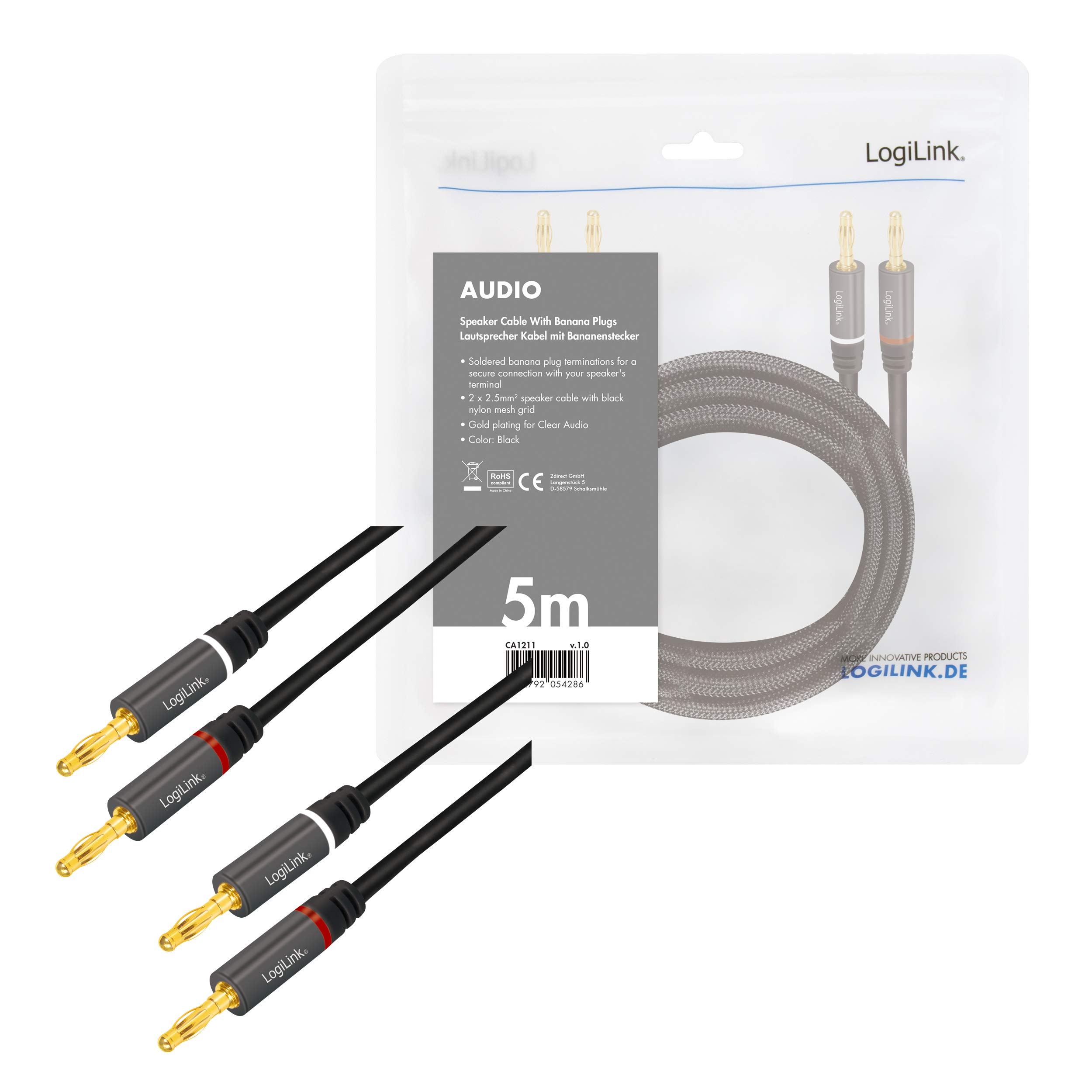 LogiLink - 2 connettori a banana con contatti dorati 5m Nero