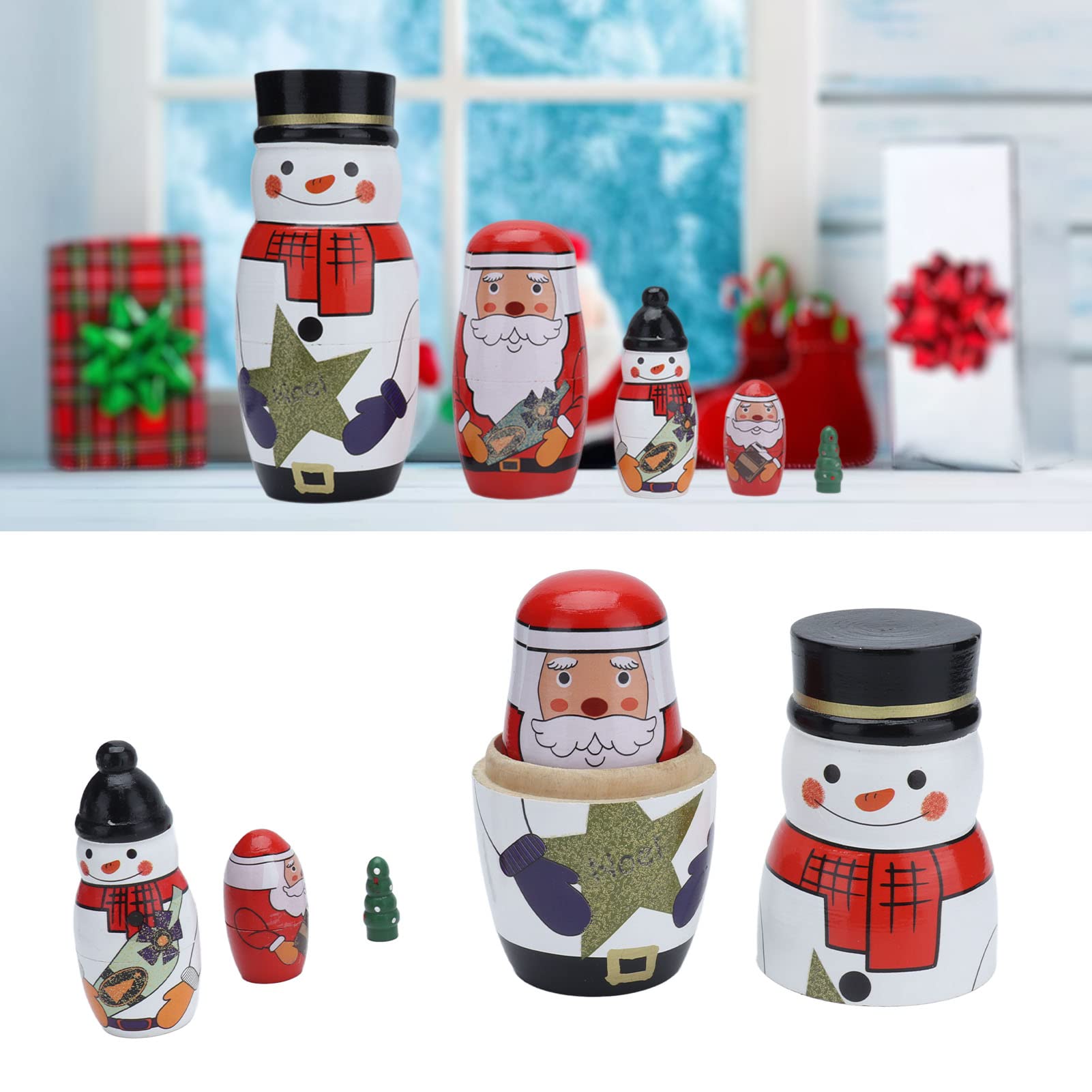 5pcs Unique Glossy Round Nesting Dolls, Decorative Ornaments with Snowman, Father Christmas, Christmas Tree, Handmade Home Furnishings